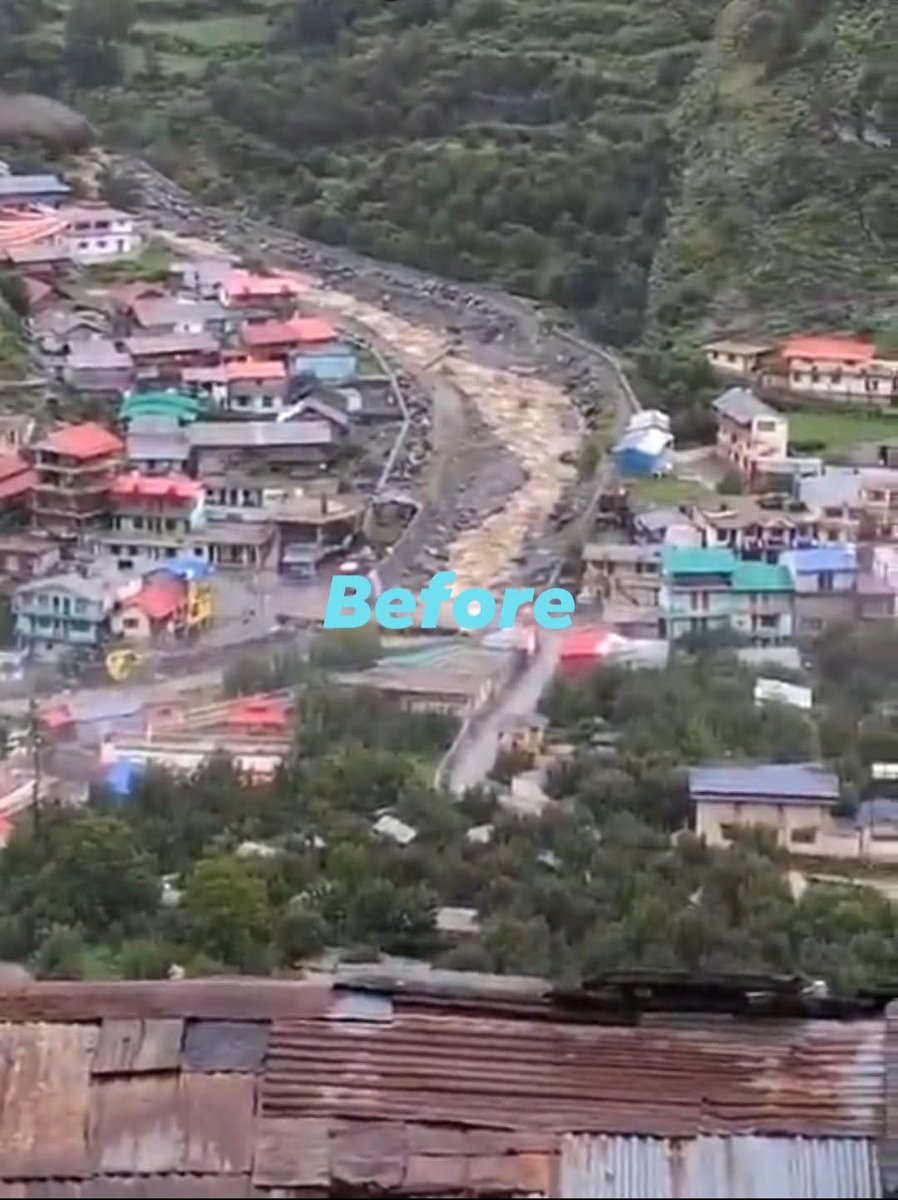 kaps_its's tweet photo. Arial view of Dharali village after flash flood. See how it was before the flash floods भोलेनाथ सब की रक्षा करो  @adgpi
Indian army is the  number one professional  army in the world # #DharaliFloods #dharaliuttarkashi #UttarakhandFlashFlood  #Dharali #harshil @DIPR_UK @anveshak_saty @Sushy_290162 @bhakti_iii @TheParvati @_vatsalasingh @AdityaRajKaul @pedalandtring @Sushy_290162 @DefenceNewsOfIN @pushkardhami @cmouttarakhand