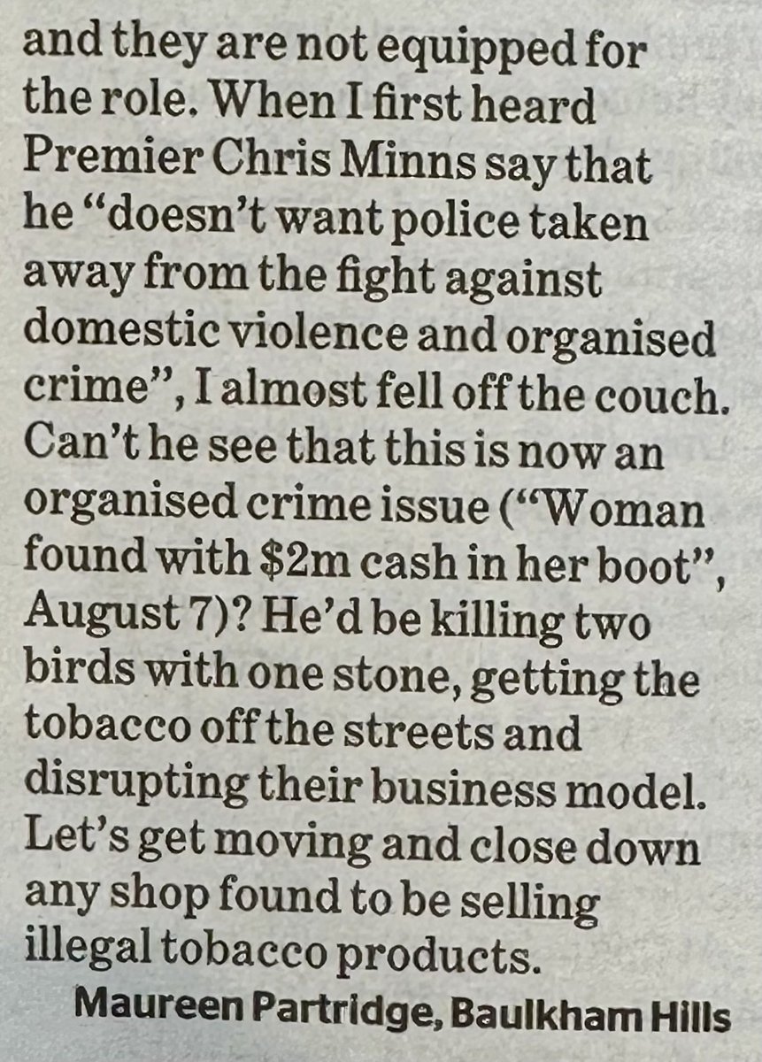 Hear hear ⁦<a href="/ChrisMinnsMP/">Chris Minns</a>⁩ the illicit tobacco issue cannot be managed by ⁦<a href="/NSWHealth/">NSW Health</a>⁩ and the lack of action by ⁦<a href="/nswpolice/">NSW Police Force</a>⁩ has now emboldened the gangs and escalated the problem. Time to get revenues back in Gov coffers, not the crime gangs! #Enforcement