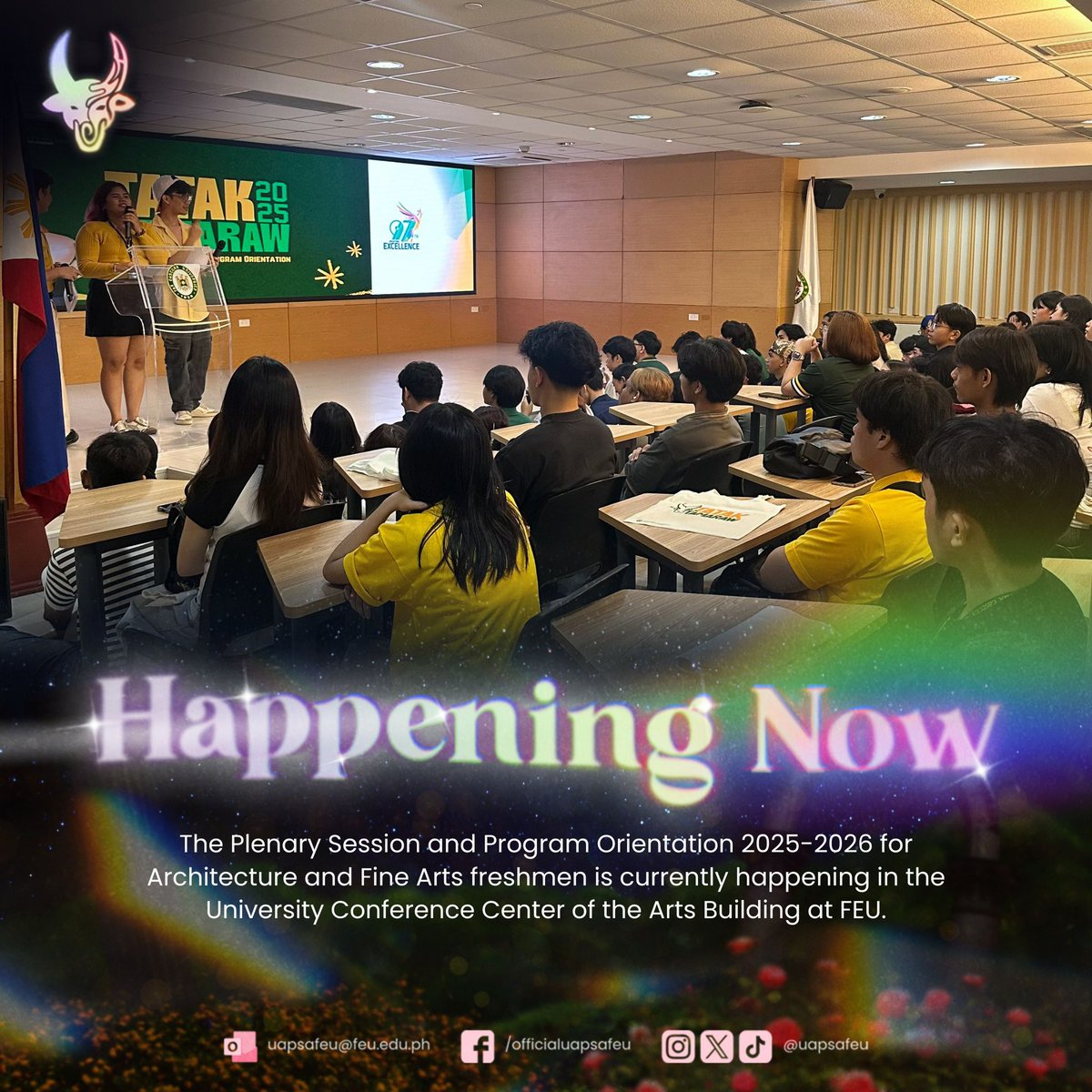 uapsafeu's tweet image. 𝐇𝐚𝐩𝐩𝐞𝐧𝐢𝐧𝐠 𝐍𝐨𝐰: The Plenary Session and Program Orientation 2025-2026 for Architecture and Fine Arts freshmen is currently happening in the University Conference Center of the Arts Building at FEU.

#RootedInVision
#UAPSAFEU