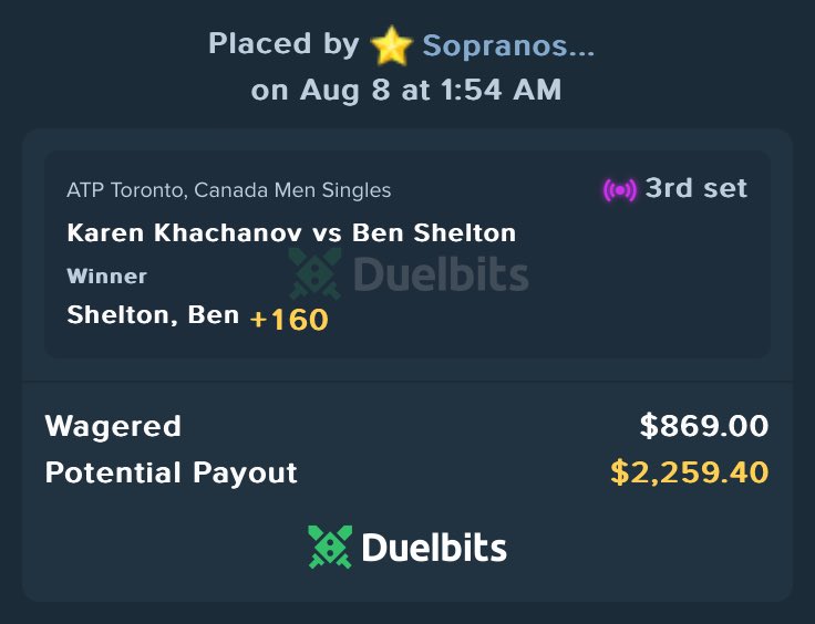 Tony (@sopranospicks) on Twitter photo If Ben Shelton beats Karen Khachanov i’ll give someone who follows <a href="/DuelbitsAce/">DuelbitsAce</a> likes and comments $150 in any crypto of their choice 👊 If Ben Shelton beats Karen Khachanov i’ll give someone who follows <a href="/DuelbitsAce/">DuelbitsAce</a> likes and comments $150 in any crypto of their choice 👊