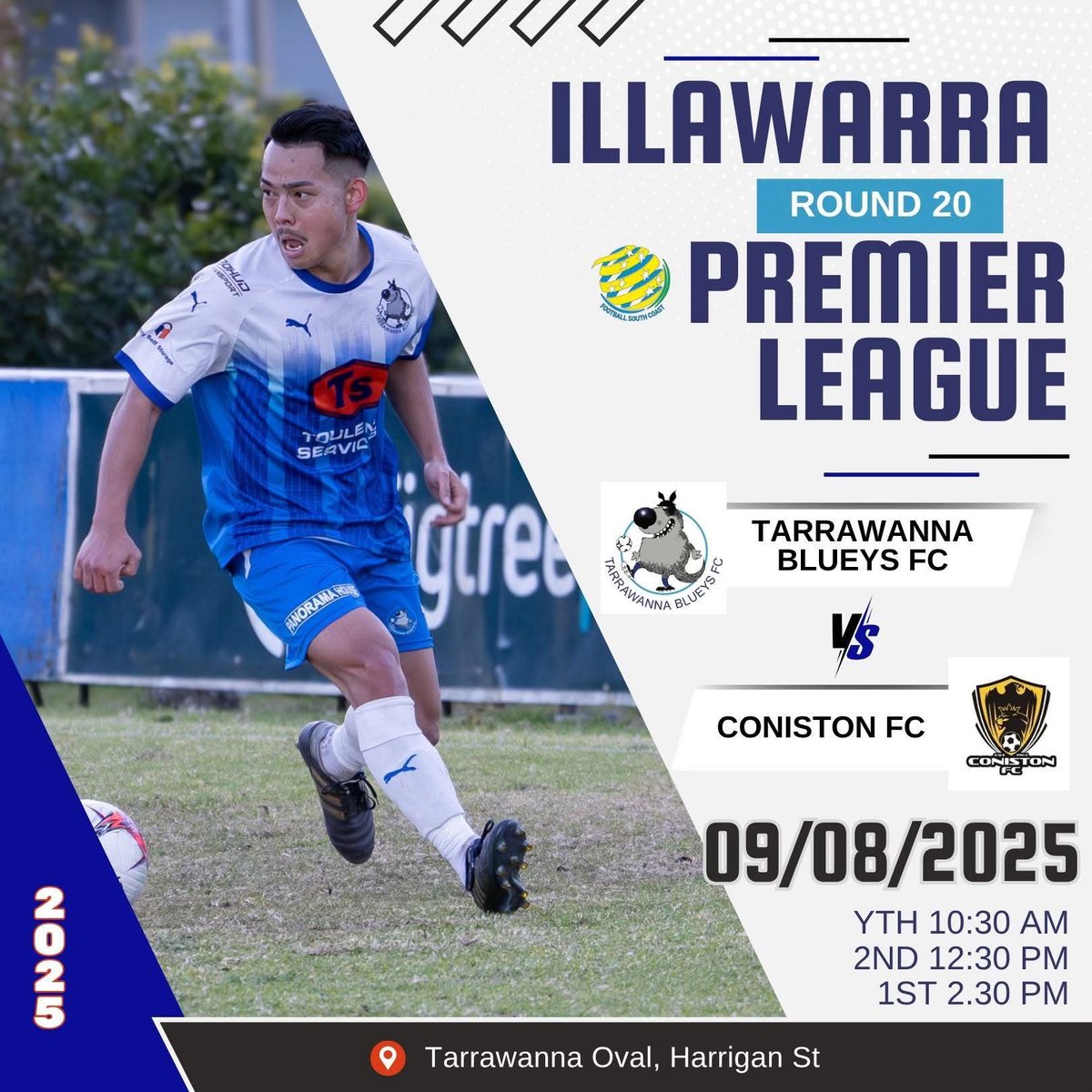 Your Blueys are back in action on SATURDAY in a <a href="/FSC_Official/">Football South Coast</a> <a href="/FratClub2519/">The Fraternity Club</a> Premier League Round 20 match at Tarrawanna against <a href="/FcConiston/">Coniston FC</a> .

Get up to Tarra and cheer the boys on.

Further Details: