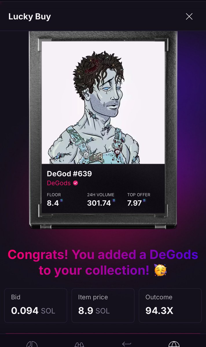 Big week and to make things even better I hit this <a href="/DeGodsNFT/">DeGods</a> on <a href="/MagicEden/">Magic Eden 🪄</a> 

🍀 Lucky Buy 

Blessed 🙏