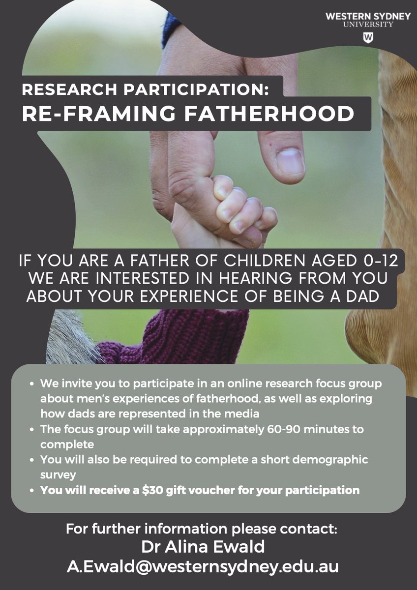 How are fathers portrayed in the media and does it match your experience of fathering? If you’re a dad living in Australia with kids aged 0–12 join my research to:
✅ Share your experiences of parenting
✅ Challenge stereotypes 
✅ Help shape a more authentic view of fatherhood