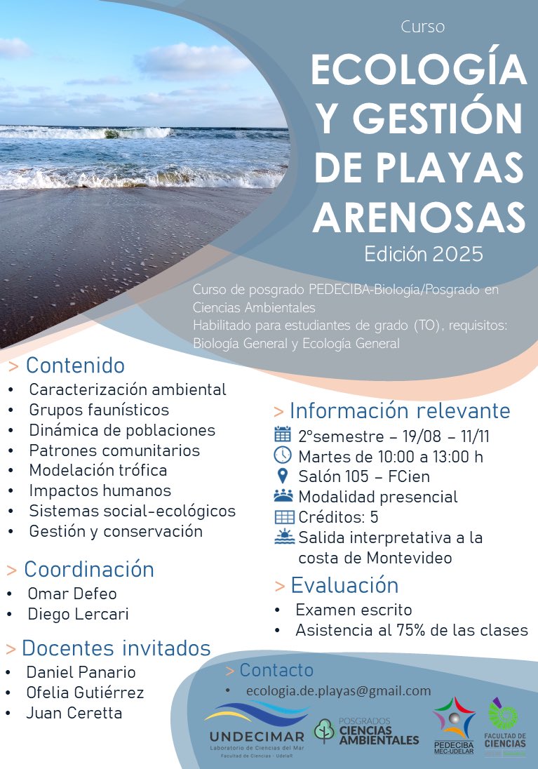 UNDECIMAR (@undecimar) on Twitter photo 📚Se viene! Nueva edición del curso ECOLOGÍA Y GESTIÓN DE PLAYAS ARENOSAS 🐚🏝️🌊
Encontra toda la info. 👇
<a href="/FcienUdelar/">Facultad de Ciencias</a> <a href="/Udelaruy/">Universidad de la República</a> <a href="/PedecibaB/">PEDECIBA - Biología</a> <a href="/PEDECIBA/">PEDECIBA</a> 📚Se viene! Nueva edición del curso ECOLOGÍA Y GESTIÓN DE PLAYAS ARENOSAS 🐚🏝️🌊
Encontra toda la info. 👇
<a href="/FcienUdelar/">Facultad de Ciencias</a> <a href="/Udelaruy/">Universidad de la República</a> <a href="/PedecibaB/">PEDECIBA - Biología</a> <a href="/PEDECIBA/">PEDECIBA</a>