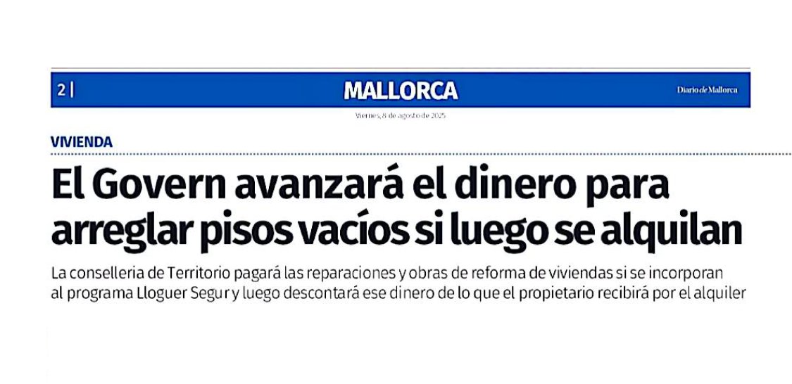 PP Balears (@ppbalears) on Twitter photo ✅ Incentius i seguretat per als propietaris.
✅ Més habitatges per llogar.
El Govern de <a href="/MargaProhens/">Marga Prohens</a> avançarà el cost de les reformes de pisos buits i garanteix el cobrament amb el programa Lloguer Segur.
diariodemallorca.es/mallorca/2025/… ✅ Incentius i seguretat per als propietaris.
✅ Més habitatges per llogar.
El Govern de <a href="/MargaProhens/">Marga Prohens</a> avançarà el cost de les reformes de pisos buits i garanteix el cobrament amb el programa Lloguer Segur.
diariodemallorca.es/mallorca/2025/…