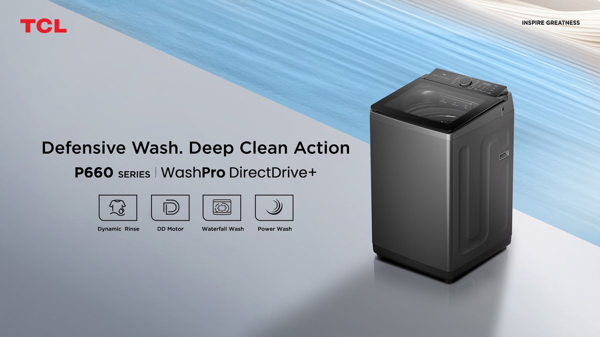 TCLPH's tweet image. Introducing your next-level defense against dirt, bacteria, and mites — the TCL 660 WashPro DirectDrive+ Top Load Automatic Washing Machine!
Experience worry-free washing with deep-clean action that penetrates every fiber.
#TCLP560 #TCLWashPro #TCLPhilippines #TCLInspireGreatness
