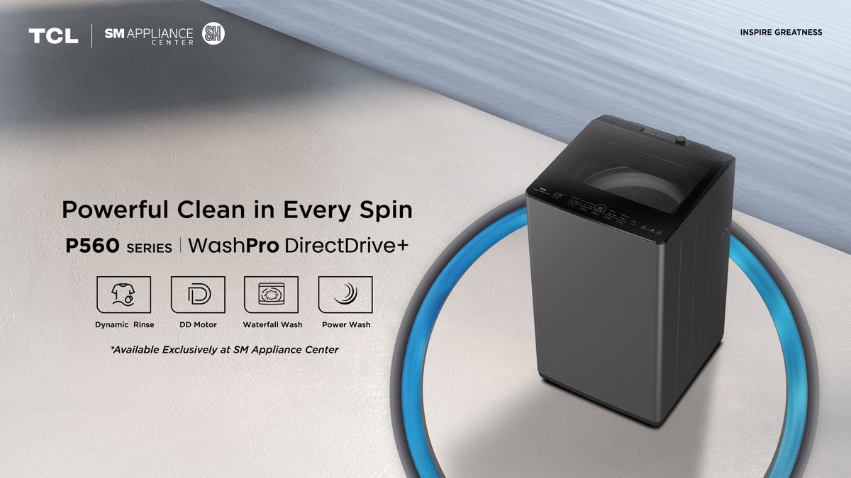 TCLPH's tweet image. Meet your new laundry partner — the TCL P560 WashPro DirectDrive+ Top Load Automatic Washing Machine! Designed for powerful cleaning and efficient performance, it tackles even the toughest stains with care. 

#TCLP560 #TCLWashPro #TCLxSMApplianceCenter #TCLPhilippines