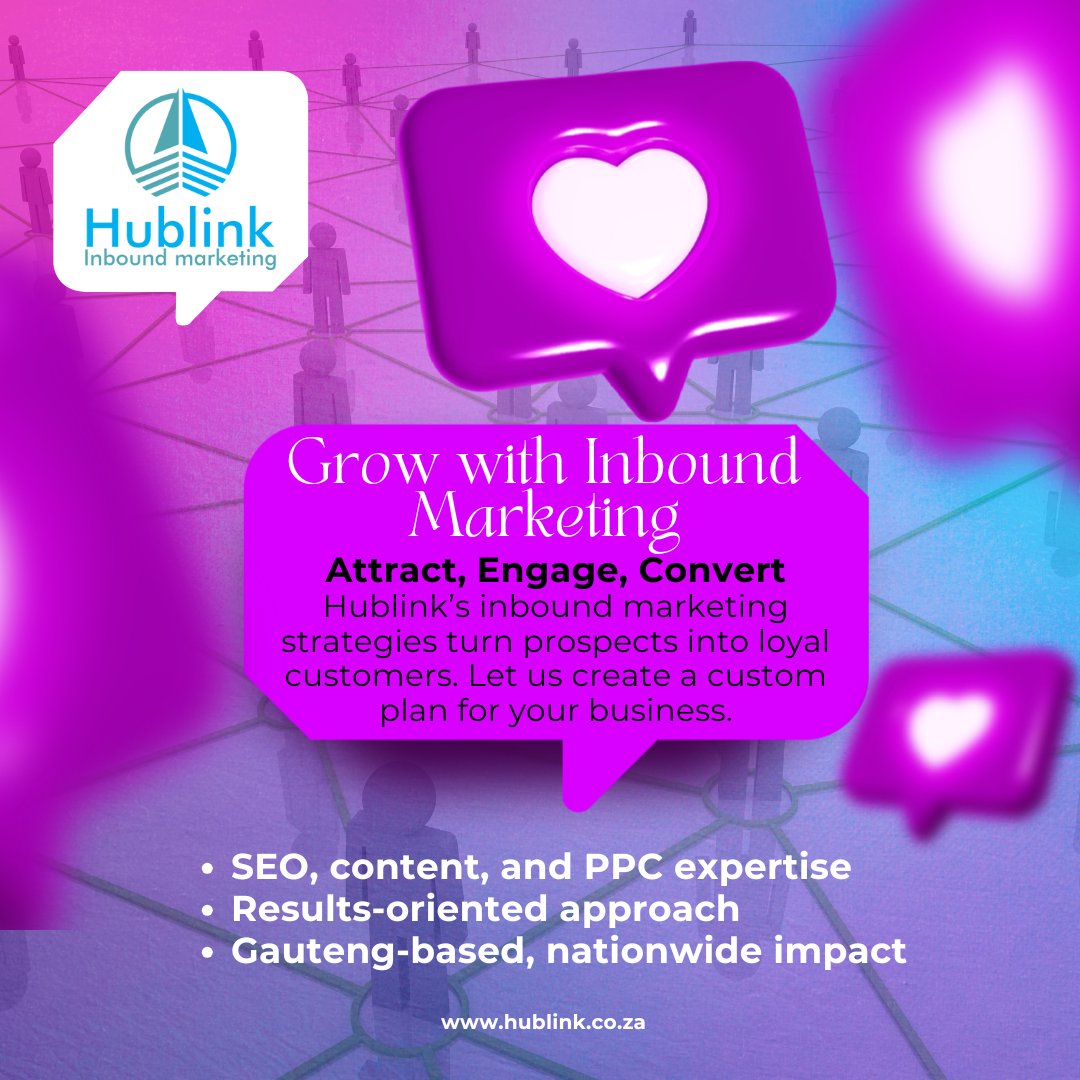 Hublink0603's tweet image. Grow smarter with Hublink’s inbound marketing! 💡 Attract, engage, and convert with our custom SEO, PPC, and content strategies. 🚪
Start now!
📞 010 040 8330
hublink.co.za/seo-services/ Join today hublink.co.za/join-marketing…
#Hublink #InboundMarketing #BusinessGrowth #DigitalStrategy