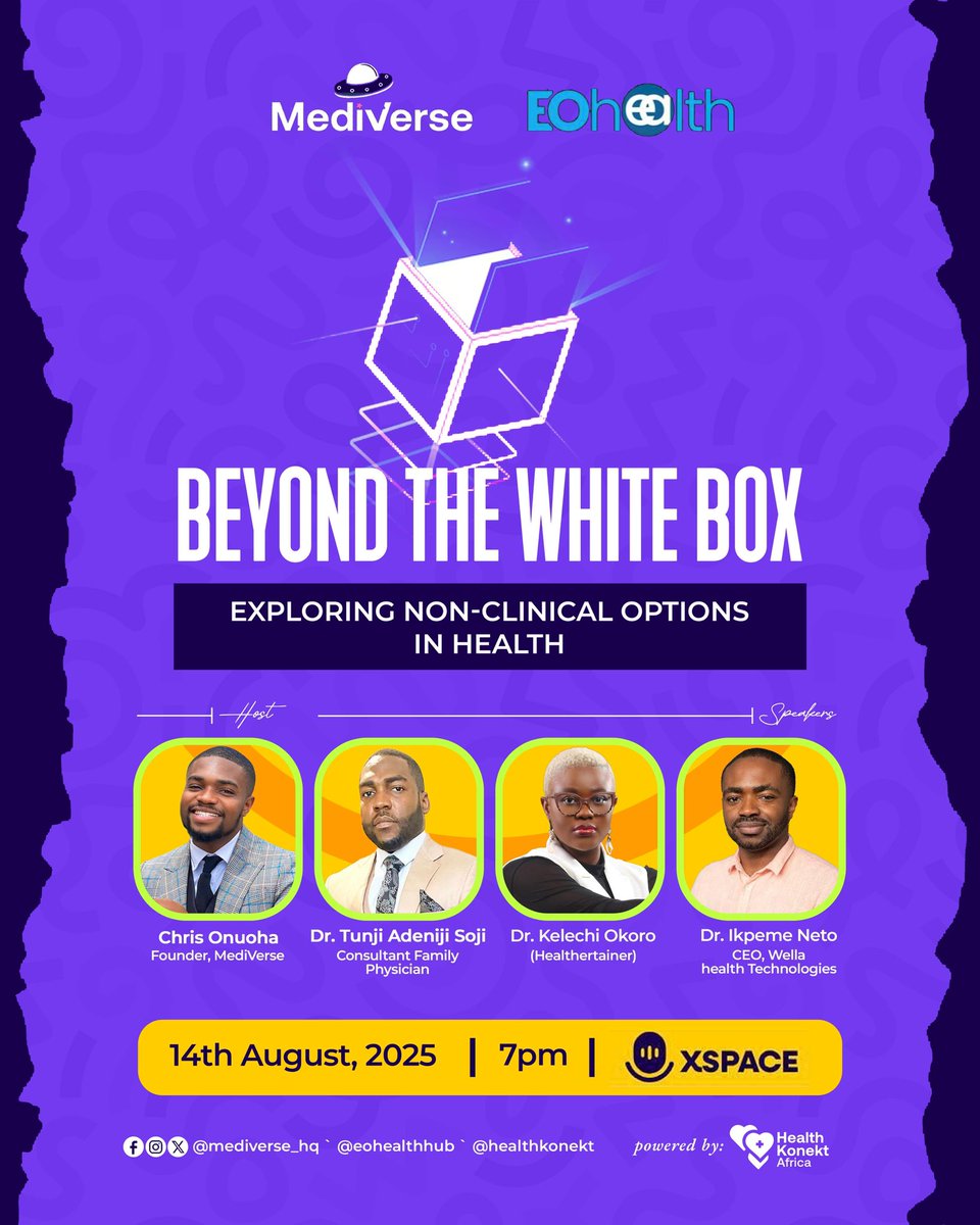MediVerse (@mediverse_hq) on Twitter photo BIG ANNOUNCEMENT
<a href="/mediverse_hq/">MediVerse</a> x <a href="/eohealthhub/">EOhealth Hub</a> presents:
BEYOND THE WHITE BOX; Exploring non-clinical options in health.
Host <a href="/drchrisonuoha/">Chris Onuoha</a>
Our highly esteemed speakers <a href="/healthertainer/">Dr Kelechi Okoro | Ebonyi Babe</a>
<a href="/Tjay__official/">Tunji Adeniji-Soji</a>
<a href="/docneto/">Neto</a>
Xspace: x.com/i/spaces/1lPKq…
Powered by <a href="/healthkonekt/">HEALTH KONEKT AFRICA</a> BIG ANNOUNCEMENT
<a href="/mediverse_hq/">MediVerse</a> x <a href="/eohealthhub/">EOhealth Hub</a> presents:
BEYOND THE WHITE BOX; Exploring non-clinical options in health.
Host <a href="/drchrisonuoha/">Chris Onuoha</a>
Our highly esteemed speakers <a href="/healthertainer/">Dr Kelechi Okoro | Ebonyi Babe</a>
<a href="/Tjay__official/">Tunji Adeniji-Soji</a>
<a href="/docneto/">Neto</a>
Xspace: x.com/i/spaces/1lPKq…
Powered by <a href="/healthkonekt/">HEALTH KONEKT AFRICA</a>