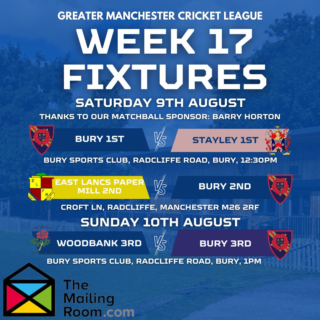 Bury CC (@burycc) on Twitter photo | THIS WEEKEND |
The 1st XI return to Radcliffe Road to take on an in-form <a href="/StayleyCC/">Stayley Cricket Club</a>. Thanks to Barry Horton who is our matchball sponsor.
The 2nds make the short trip to <a href="/ELPMCC/">ELPMCC</a> and on Sunday the 3s also have a short journey to <a href="/WoodbankCC/">Woodbank CC</a>.
1st & 3rd XI games will be streamed. | THIS WEEKEND |
The 1st XI return to Radcliffe Road to take on an in-form <a href="/StayleyCC/">Stayley Cricket Club</a>. Thanks to Barry Horton who is our matchball sponsor.
The 2nds make the short trip to <a href="/ELPMCC/">ELPMCC</a> and on Sunday the 3s also have a short journey to <a href="/WoodbankCC/">Woodbank CC</a>.
1st & 3rd XI games will be streamed.