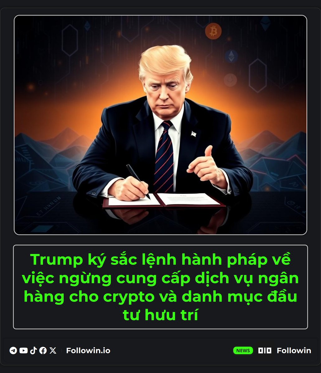 Tổng thống Trump vừa ký hai sắc lệnh hành pháp quan trọng hôm nay, tác động mạnh đến ngành tiền điện tử. Một sắc lệnh nhằm ngăn chặn việc từ chối dịch vụ ngân hàng, bảo vệ quyền truy cập công bằng cho các doanh nghiệp hợp pháp. Sắc lệnh thứ hai cho