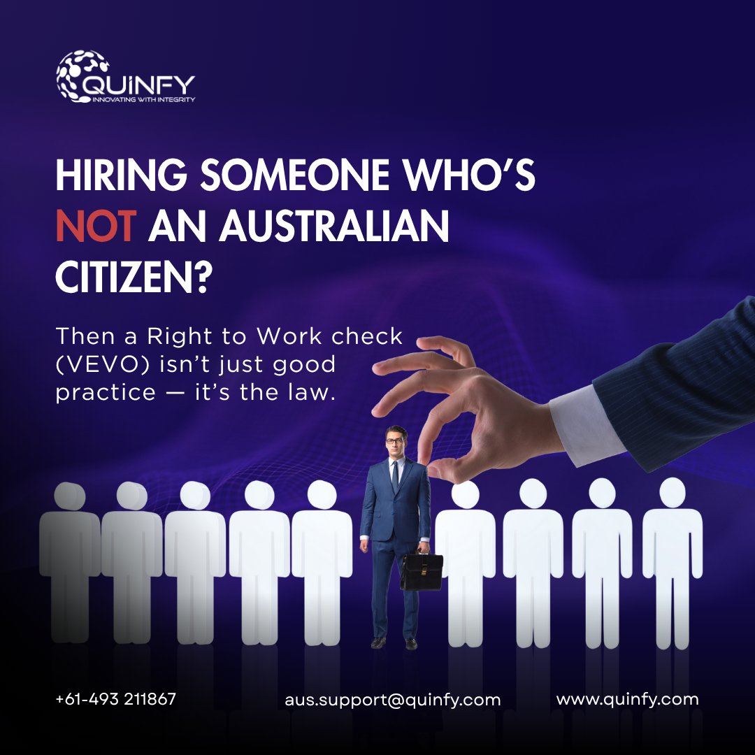 quinfy's tweet image. Right to Work Check (VEVO)
🇦🇺 Hiring someone who’s not an Australian citizen?
Then a Right to Work check (VEVO) isn’t just good practice, it’s the law. #QuinfyAustralia #SmartHiring #AIforHR #FutureOfWork