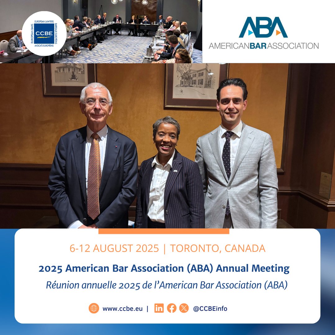 📆🗣️CCBE President Thierry Wickers &amp; Secretary-General Simone Cuomo are participating in the <a href="/ABAesq/">American Bar Association</a>’s Annual Meeting in Toronto.
Yesterday, they met with ABA President-Elect Michelle Behnke to discuss US rule of law developments including impacts on EU lawyers.