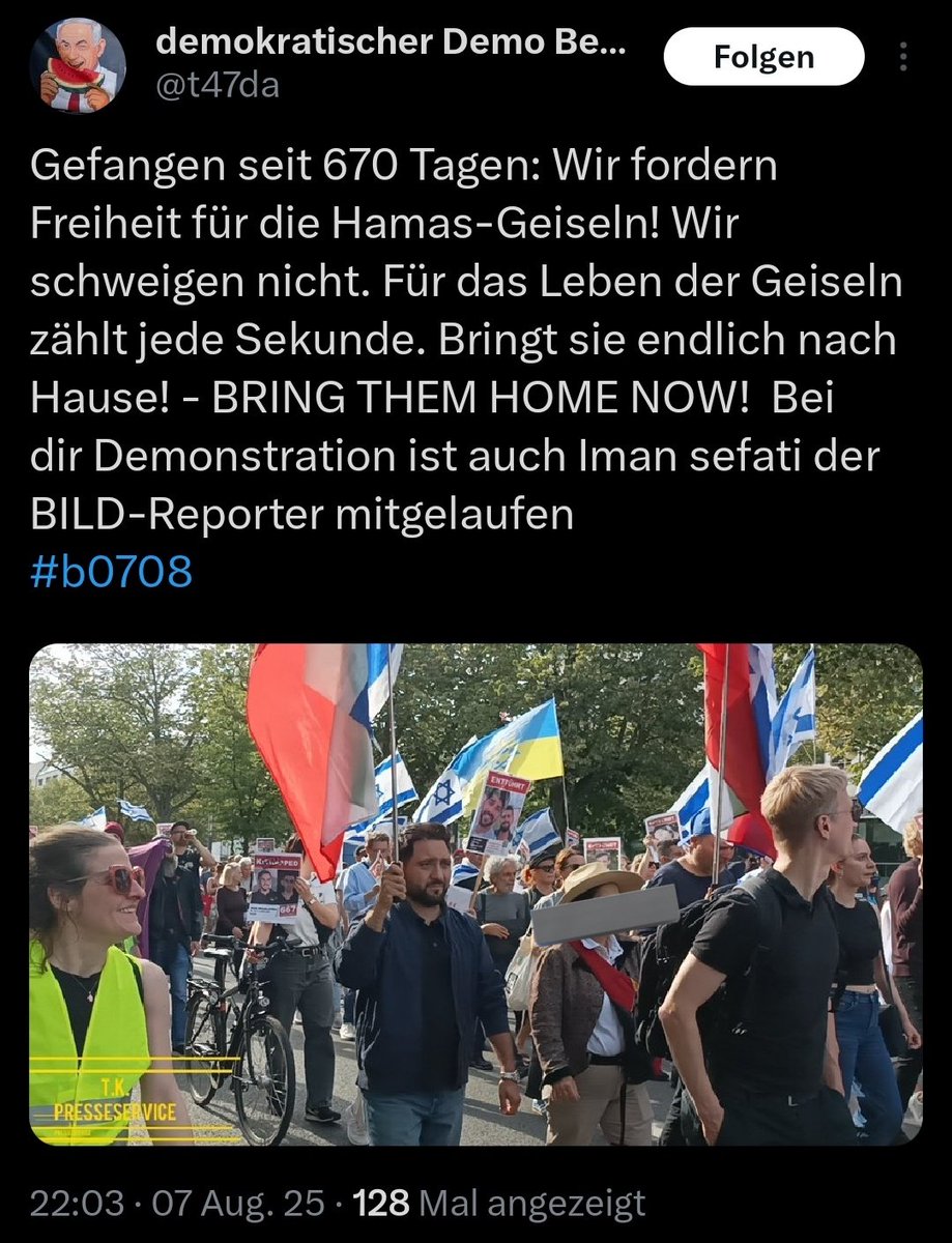 KaterHofmann's tweet photo. Schrecklicher Verdacht: Ist der beliebte BILD-Mitarbeiter Iman S. letztendlich doch kein unabhängiger Pressevertreter, sondern ein Pro-Israel-Aktivist?
Was für eine Flagge trägt er da?
Btw, exzellente Berichterstattung von Torsten. Gut gesehen und dokumentiert.
#b0708 https://t.co/rajtZYXTDM