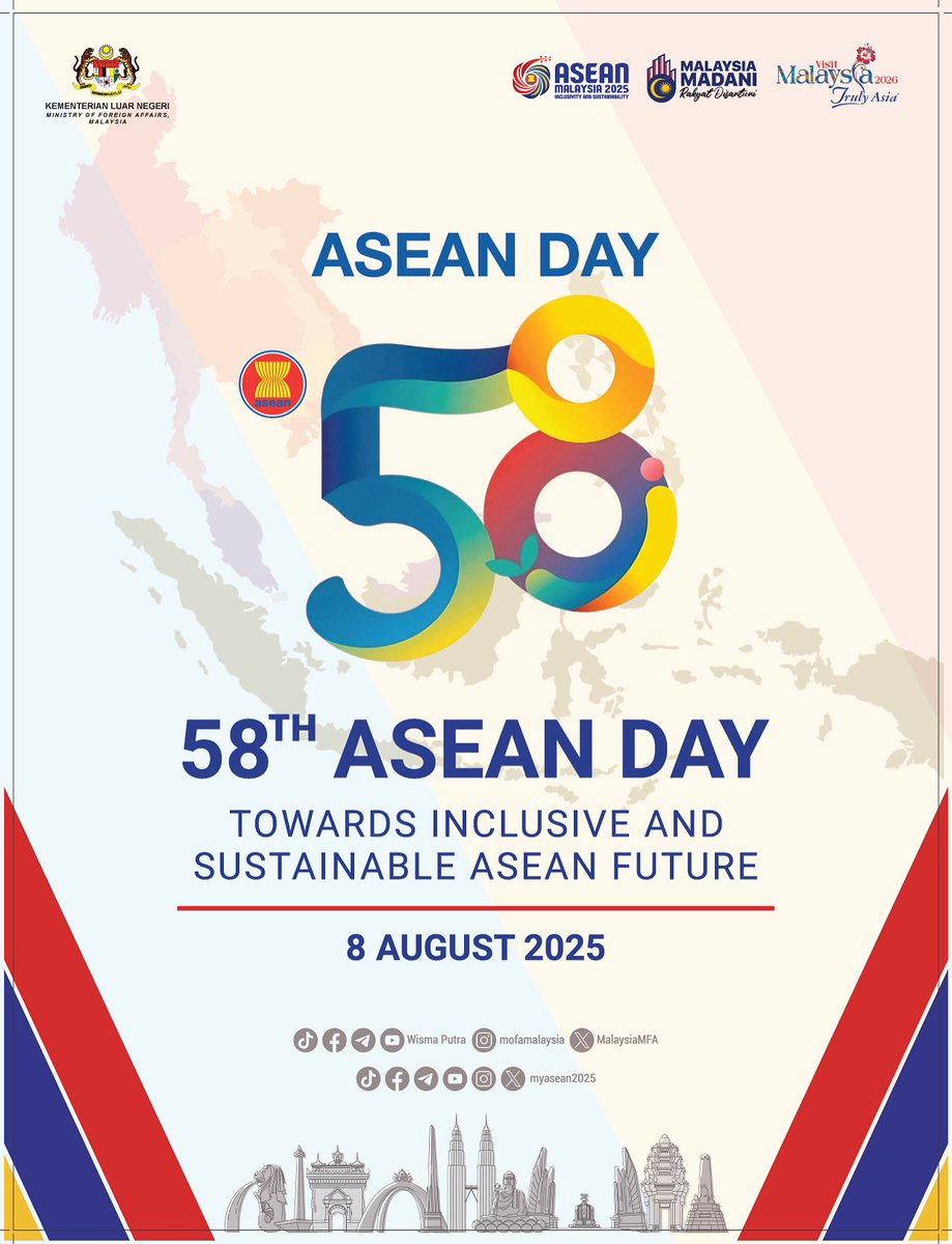 MYEmbTehran's tweet image. 58 years on, ASEAN stands for unity, dialogue, and shared progress.👥

As Chair in 2025, Malaysia remains committed to these principles — at home, in the region, and with partners near and far. 🌏🇲🇾

Happy 58 ASEAN Day!💙🤝🏻✨

#myaseanchair2025 #asean #MalaysiaMADANI