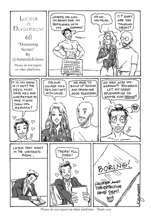 Happy Friday, everybody! Here is another #LuciferInDevelopmentComics #flashback! Here is no. 68: Dorky Luci is ready for his sex scene with Ms. German.... 😅😅😅 Enjoy! 💖💖💖💖💖 #LuciferNetflix #Lucifer
