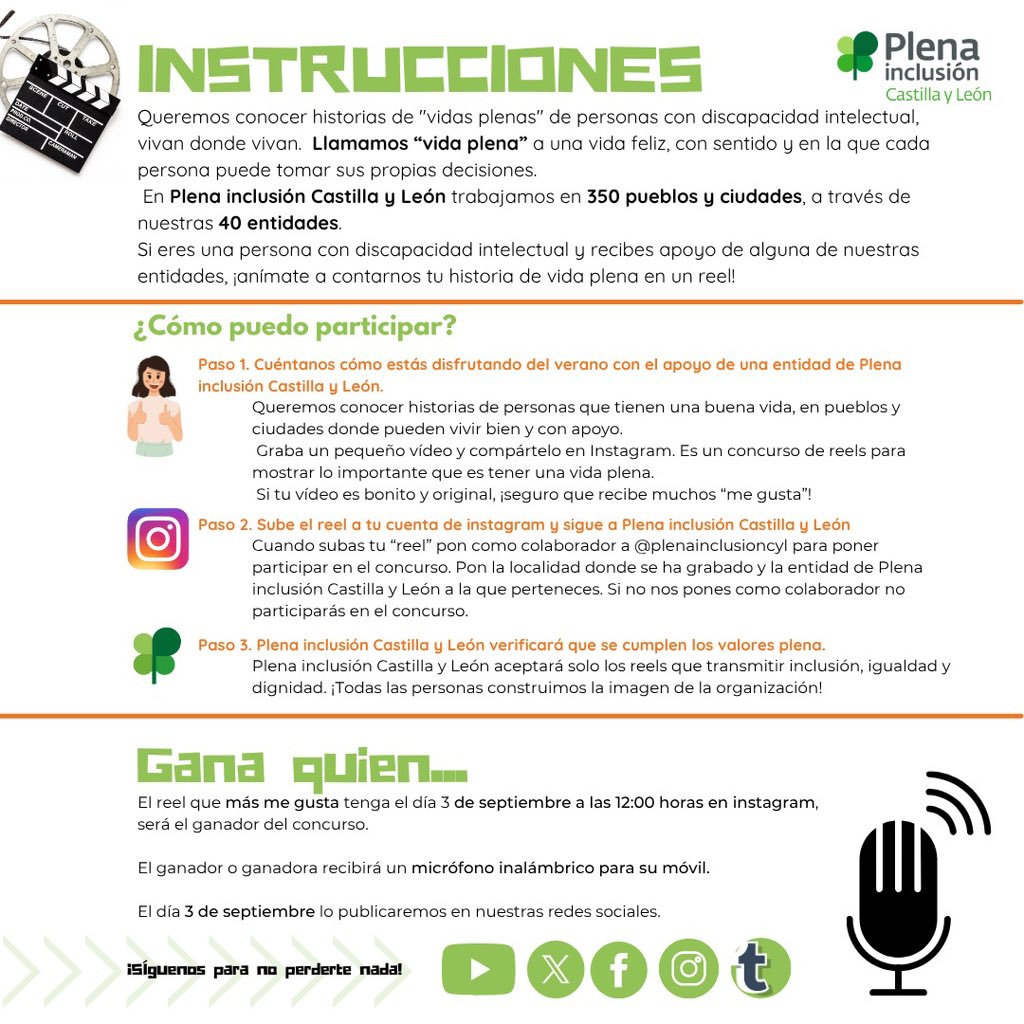 🎉 ¡Concurso de reels en Instagram!
🍀Cuéntanos cómo vives tu verano con apoyo de una entidad de @plenainclusioncyl

➡️Sube tu vídeo, etiquétanos como colaborador y gana un micrófono inalámbrico.

+Info plenainclusioncyl.org/uploads/blog/d…
