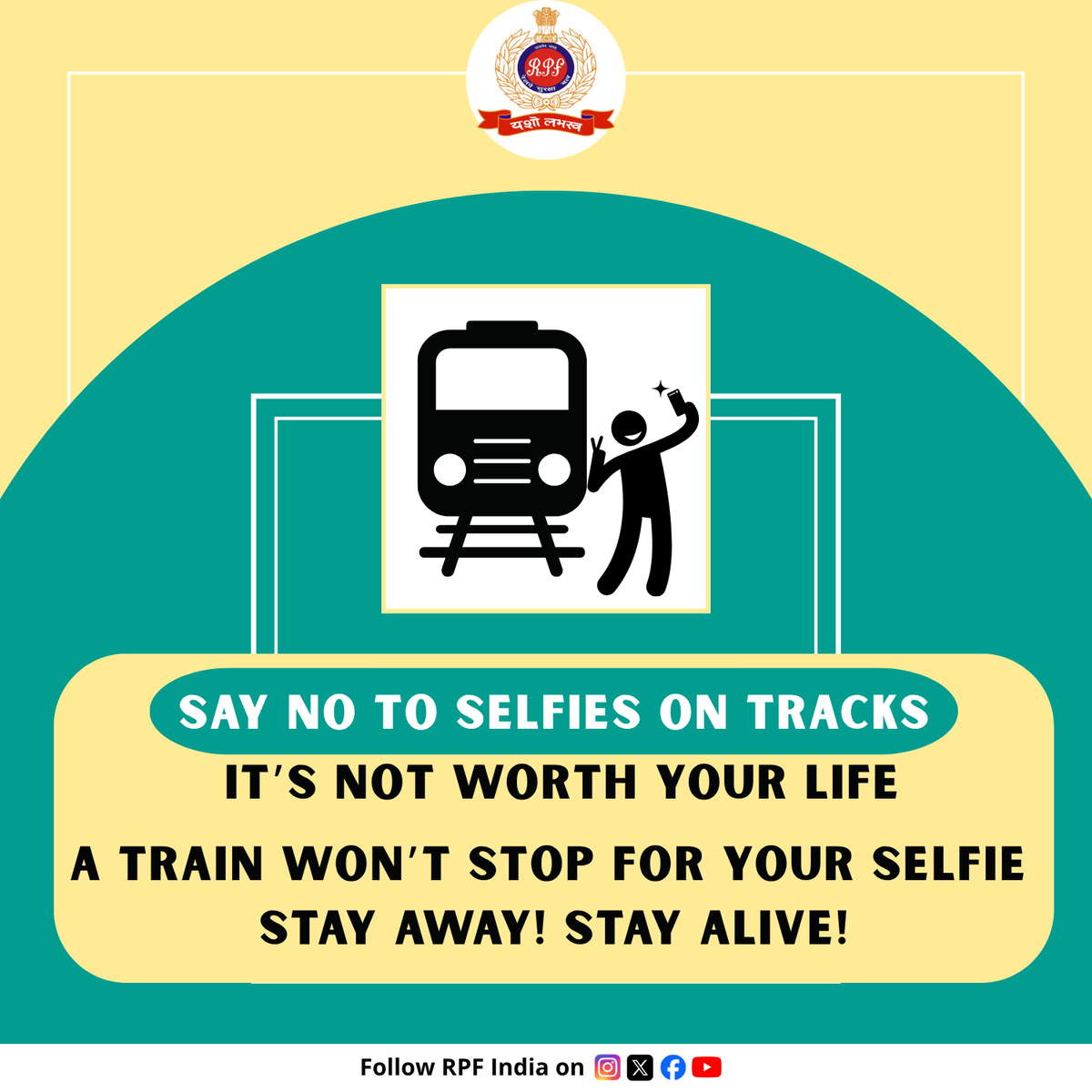 RPF_INDIA's tweet image. 🚫Your life is precious - don’t risk it for a selfie on or near railway tracks. 
One snap isn’t worth a lifetime lost. 
#SelfieSafe #StayOffTheTracks #RailwayAwareness
