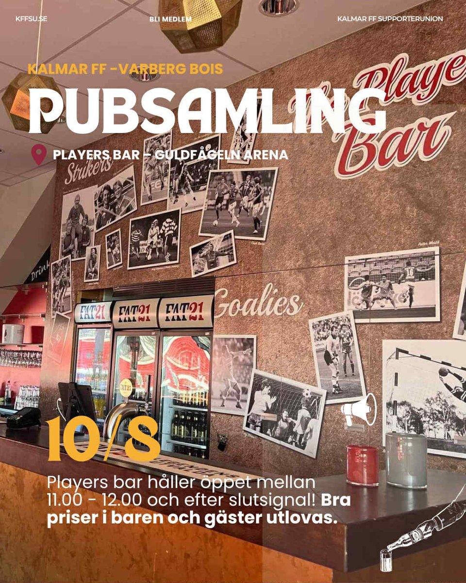 KALMAR FF - VARBERGS BOIS

Ny match på söndag och tidig avspark kl 13.00.
Vi välkomnar alla till Players bar som slår upp portarna kl. 11.00
Kom dit för en timmes skön uppladdning!

Läs mer på
kffsu.se/WP_KFFSU/?p=42…

Vi ses på söndag!