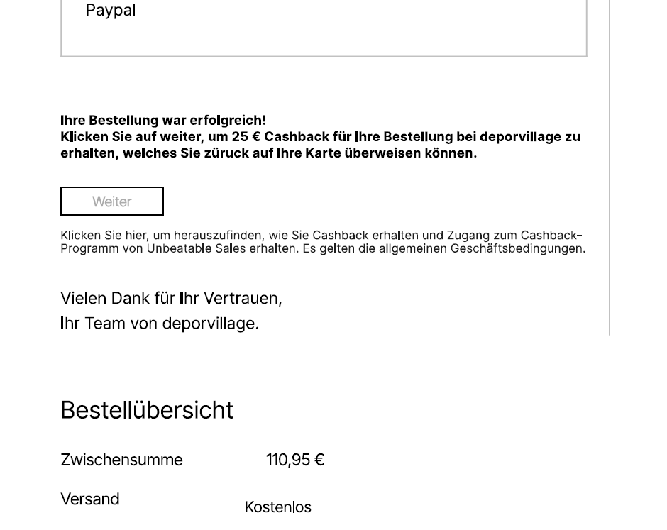 sam_k_4321's tweet photo. @deporvillage First experience with you and its WORST !! SCAMMING LINKS on your website, which seems to be authorized by you. After order, you offer 25€cashback on order confirmation page which redirects to other website (asking ONLY card info) (1/2) https://t.co/3JGS25Ma1q