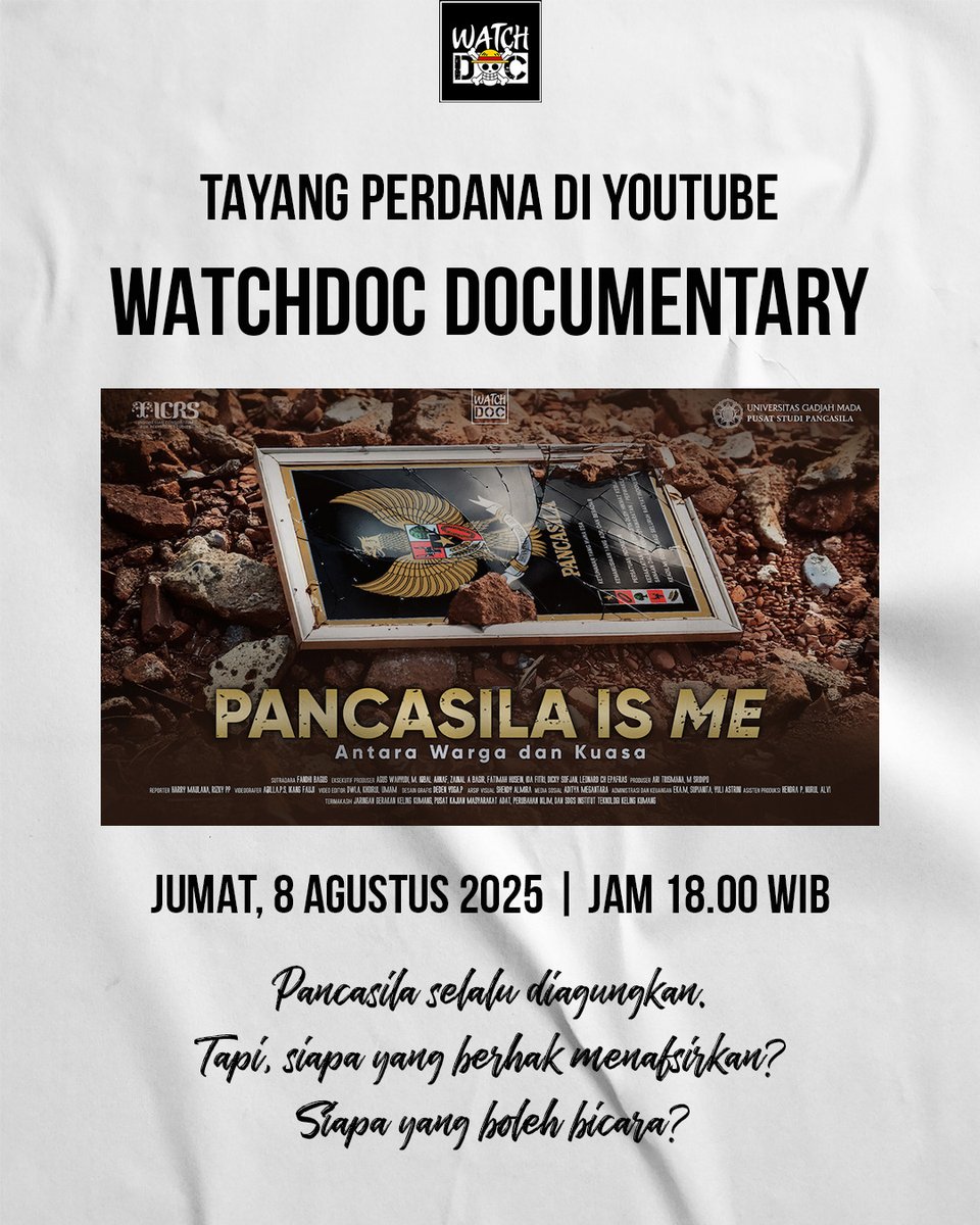 Film dokumenter PANCASILA IS ME tayang perdana di youtube Watchdoc Documentary.
Hari ini, Jumat 8 Agustus, jam 18.00 WIB.

youtu.be/yk25Szp9z5A

Pancasila selalu diagungkan.
Tapi, siapa yang berhak menafsirkan?
Siapa yang boleh bicara?

#PancasilaIsMe