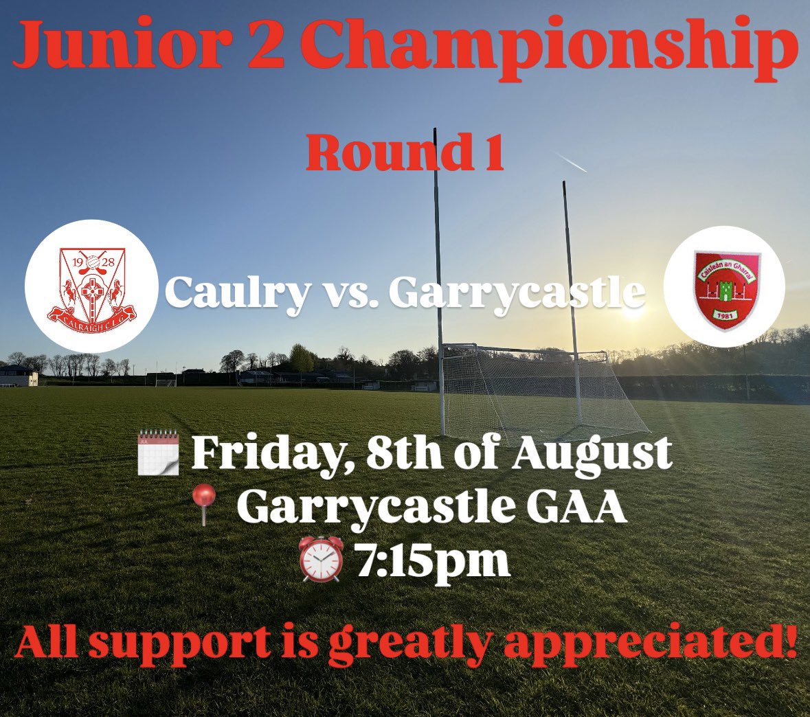 Good luck to our juniors in their opening game of the Junior 2 Football Championship away to Garrycastle this evening! 🍀
All support is greatly appreciated! 🔴⚪️