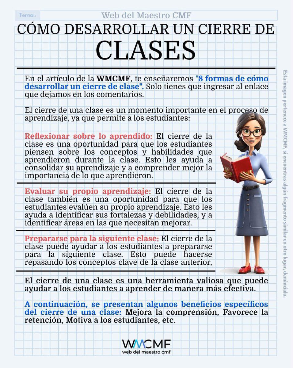Ocho formas de cierre para concluir una clase (Enlace en los comentarios). Enlace: Enlace: webdelmaestrocmf.com/portal/ocho-fo…

🔔✨ ¡Descubre cómo transformar el final de tus clases en momentos impactantes y memorables! 🎓 Este recurso te presenta ocho estrategias innovadoras para concluir