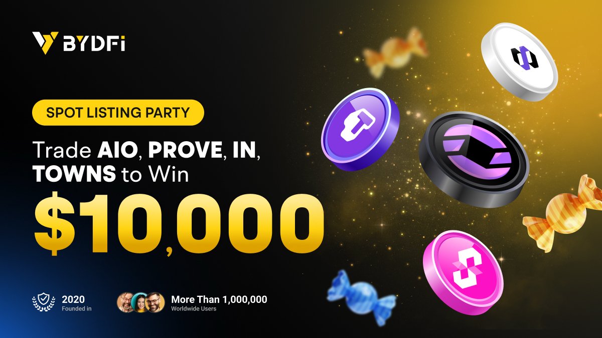 🎉 New Listing Party on BYDFi – Engage &amp; Win!

🎁 $100 X Giveaway — 5 lucky winners will each get 20 USDT Bonus!
How to Participate:
1️⃣ Follow <a href="/BYDFi/">BYDFi</a>
2️⃣ Like &amp; RT this post
3️⃣ Comment anything with #BYDFi 

⏳ Ends Aug 17, 10:00 AM ET (Eastern Time)

Trade AIO, PROVE, TOWNS, IN
