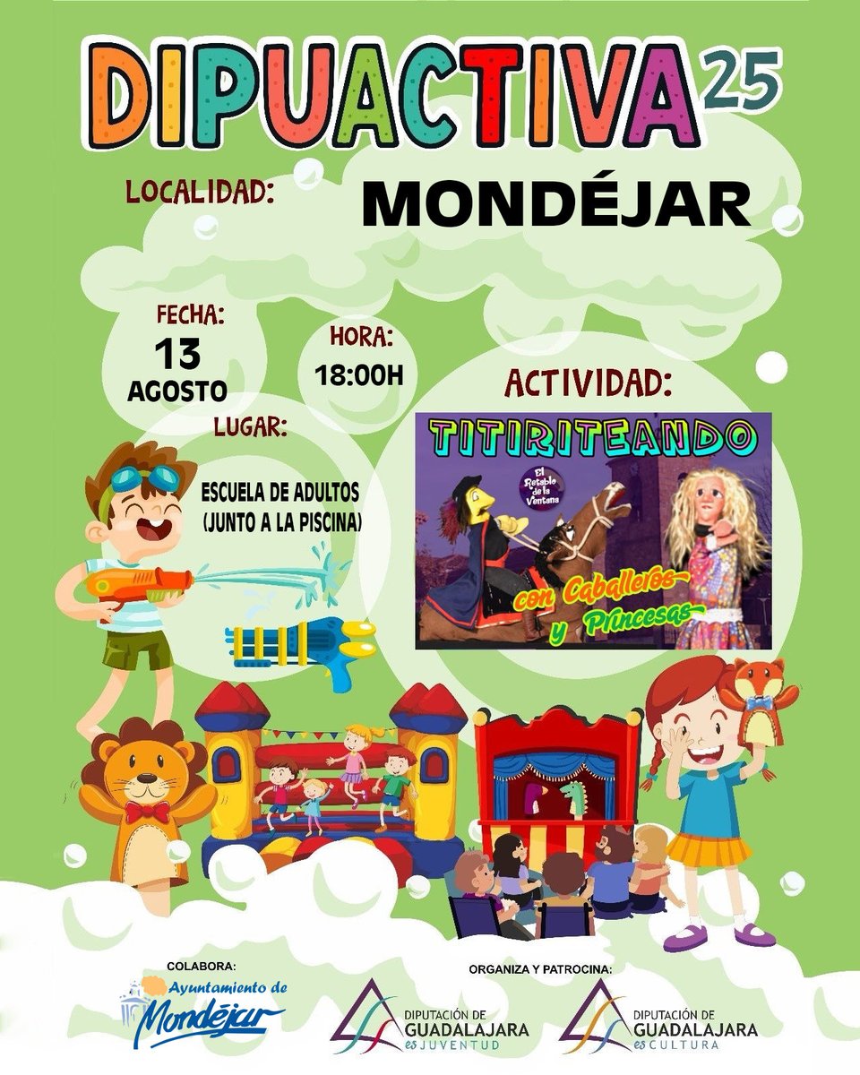 Un año más llega a #Mondéjar #DIPUACTIVA con la actividad 🎭TITIRITEANDO🎭, un taller para realizar marionetas y después una actuación de títeres.
El taller se realizará en la escuela de adultos (CEPA MAESTRA Mª JESUS RAMOS), junto a la piscina.
Plazas limitadas del taller a 25px