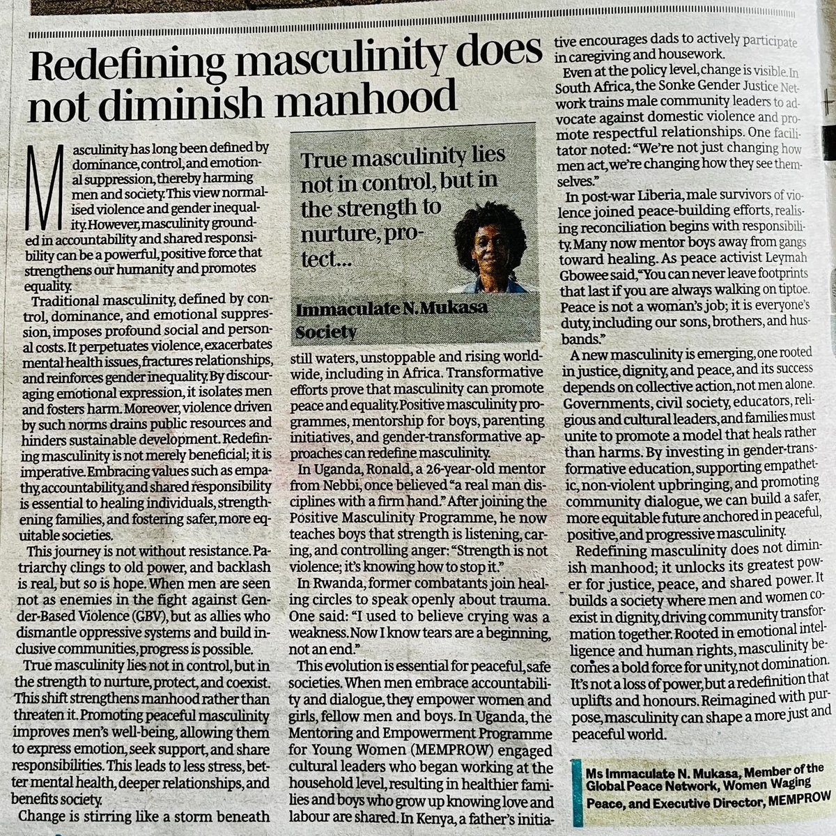 MEMPROW (@memprowuganda) on Twitter photo "True Masculinity lies not in control, but in strength to nurture, protect, and coexist. This shift strengthens manhood rather than threatens it................"
Our E.D <a href="/Immaclove/">Immaculate</a> explains in the <a href="/DailyMonitor/">Daily Monitor</a>
Read full article:monitor.co.ug/uganda/oped/co… "True Masculinity lies not in control, but in strength to nurture, protect, and coexist. This shift strengthens manhood rather than threatens it................"
Our E.D <a href="/Immaclove/">Immaculate</a> explains in the <a href="/DailyMonitor/">Daily Monitor</a>
Read full article:monitor.co.ug/uganda/oped/co…