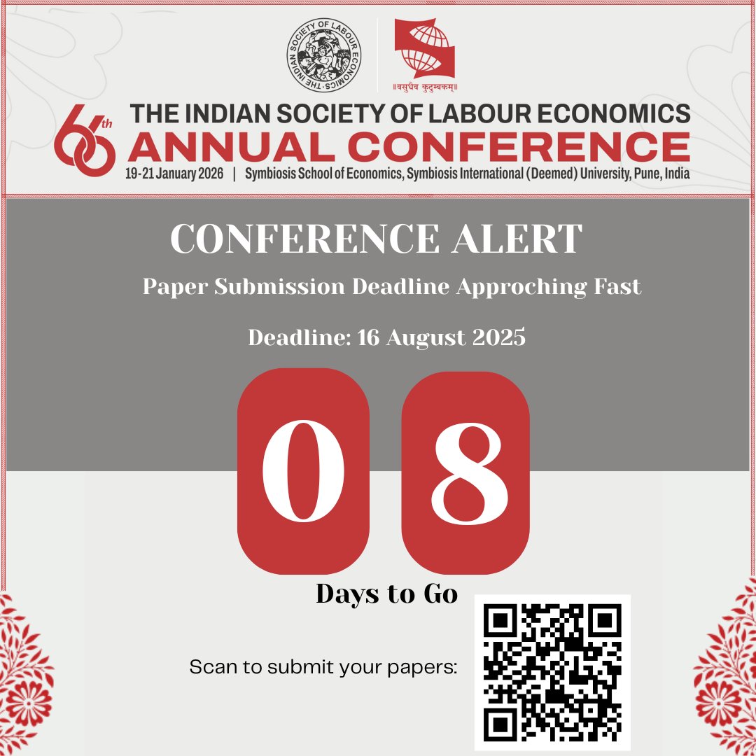 isle_india's tweet image. 🚨 Deadline Alert!
 Submit your paper for #ISLE2026 by 16 Aug 2025!
Join the 66th Annual Conference of @ISLE_India at @symbiosistweets, Pune, Jan 19–21, 2026.
Themes:
 🔹 Tech &amp;amp; Employment
 🔹 Education &amp;amp; Labour
 🔹 Rural Transformation
🔗 conference.isleijle.org
 #CallForPapers