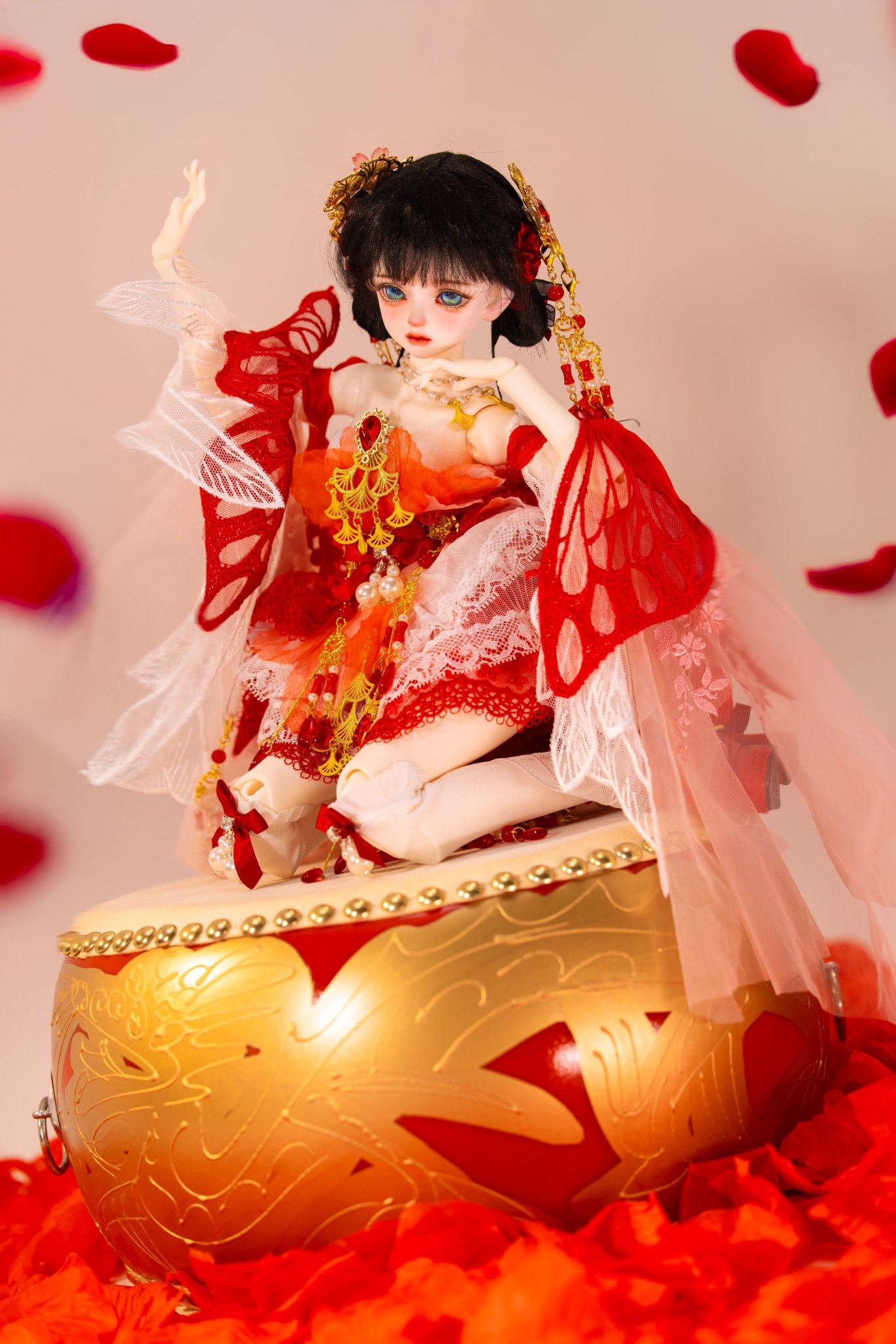 赤桜　　りかちゃんジェニー服　和柄(花ぐるま)＋すずらん柄ロリータ 赤桜 りかちゃんジェニー服 和柄(花ぐるま)＋すずらん柄ロリータ