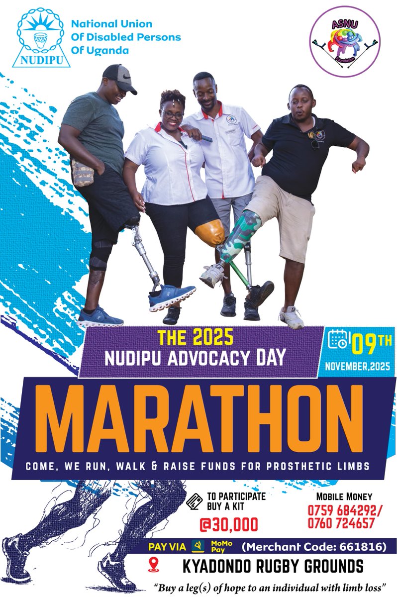NUDIPU MARATHON 2025:
Come join us as we run &amp; walk for limbs of hope for persons with limb loss.

Your generosity to buy a running kit is what is going to enable us put a smile on these people.

🗓️Date for the run: 9th November 2025
Venue: Kyadondo Rugby Grounds