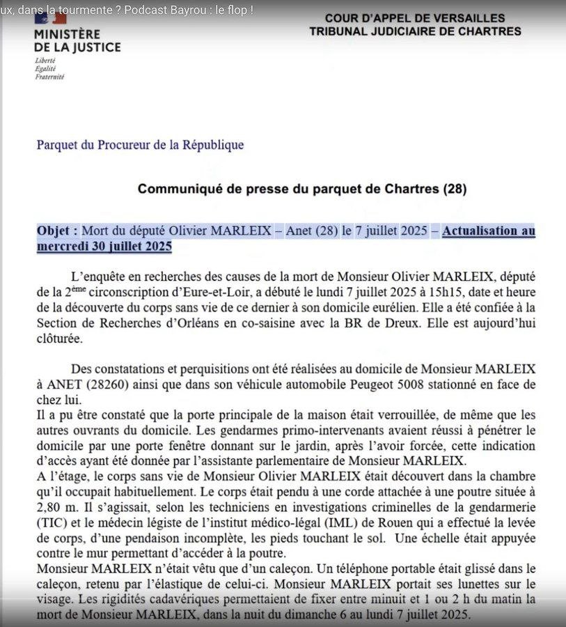 Olivier Marleix a été retrouvé pendu mais ses pieds touchaient le sol.
L’enquête est clôturée .
 C'est bon une enquête , et quelle justice nous avons . 

x.com/PhilippeMurer/…