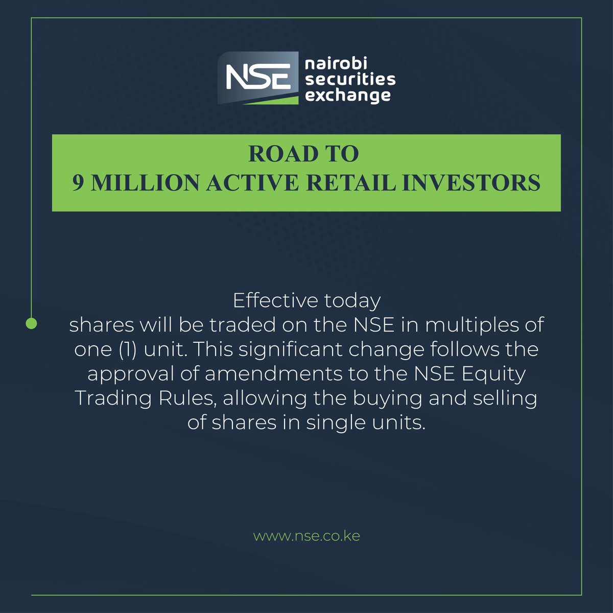 Big News for Retail Investors!

Starting today, shares on the <a href="/NSE_PLC/">NSE PLC</a> can now be bought and sold in single units. 

This exciting change follows the approval of updates to the NSE Equity Trading Rules, making it easier than ever for you to start investing.

You can now begin