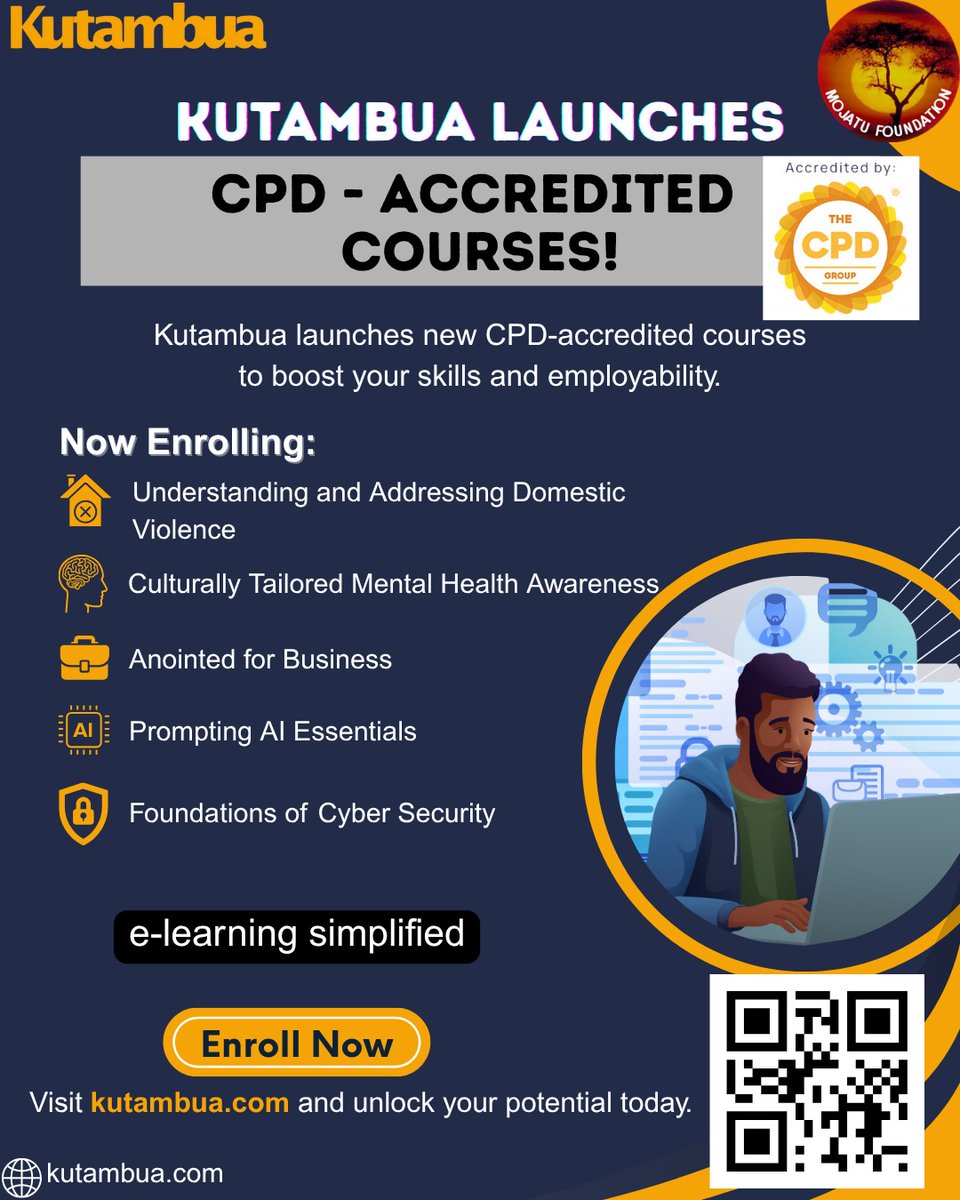YouthFutureLab's tweet photo. New &amp; Ready! Kutambua proudly unveils 5 CPD-accredited courses:
 1.Mental Health Awareness
 2.Domestic Violence
 3.Anointed for Business
4. AI Essentials
5.Cyber Security Basics
Boost your skills 👉 https://t.co/HgW36Qn2LQ #OnlineLearning #CPD #Kutambua https://t.co/vaBA9G10JV