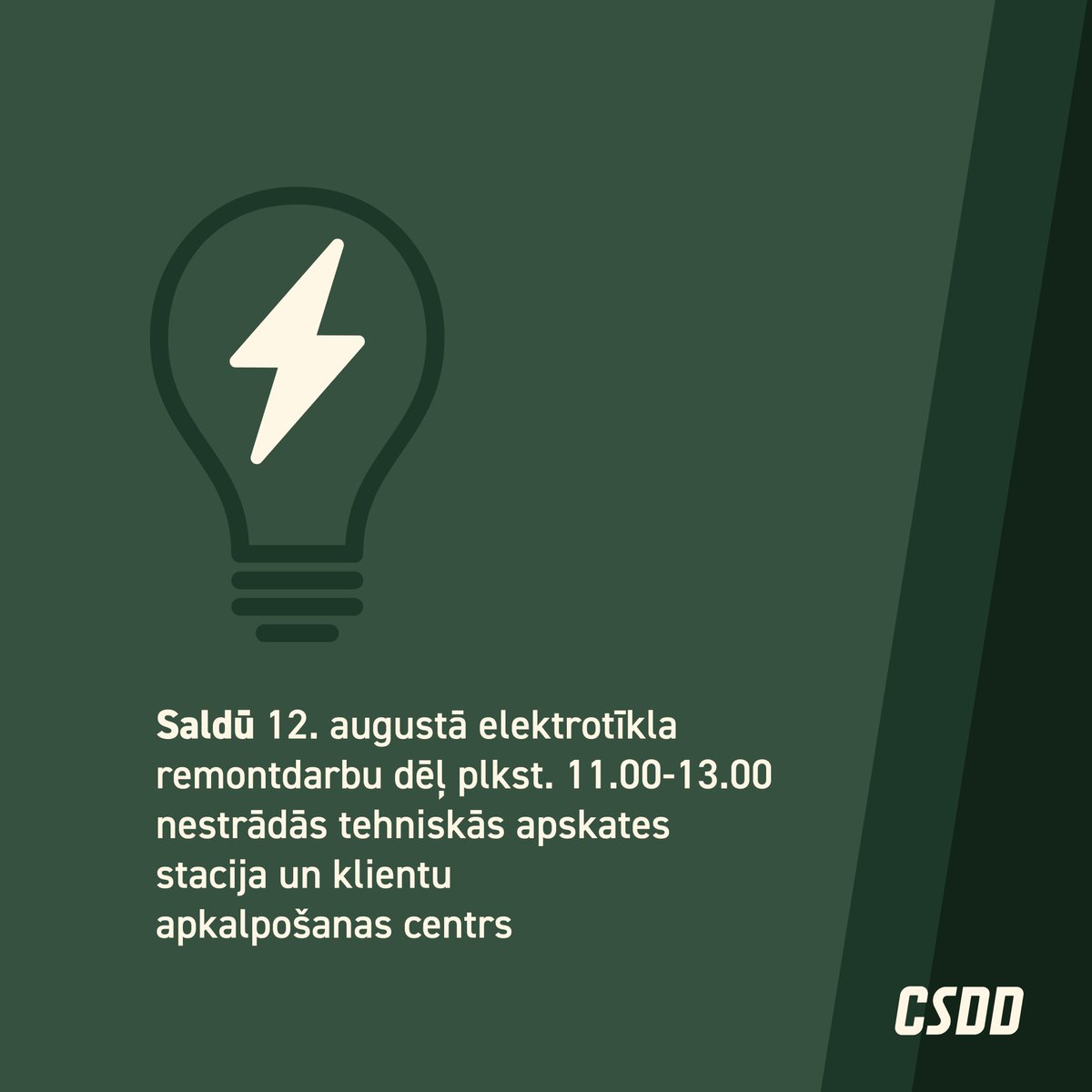 🔌🚗 Eletrotīkla remontdarbu dēļ 12. augustā Saldū, mainīts darba laiks klientu apkalpošanas centram un tehniskās apskates stacijai.
ℹ️ bit.ly/3J4NUVt

🕢 Darba laiks Kuldīgā 12. augustā, otrdien: 8.30-11.00 un 13.00-17.00.