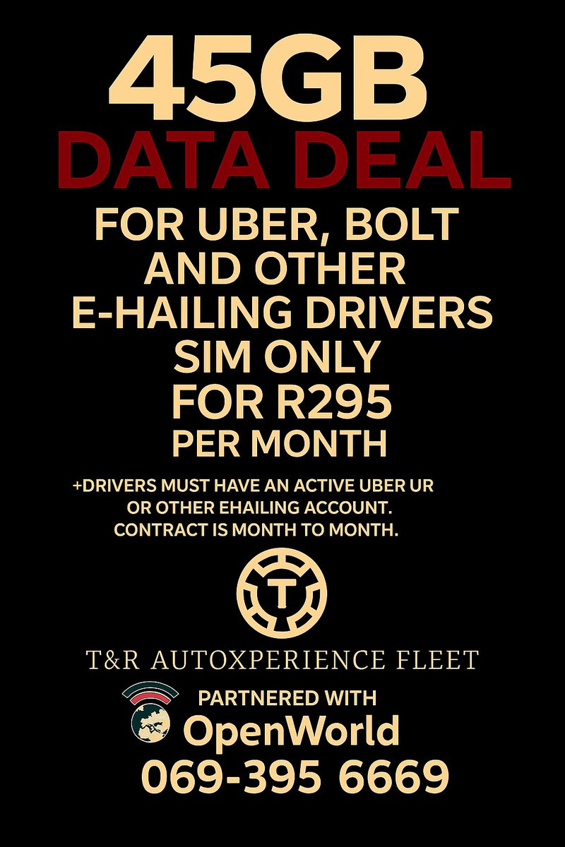 OpenWorld_SA's tweet image. 🎉 Great Deal for E-Hailing Drivers! 🚕
45GB of data for just R295/month!
☎️ 069-395 6669
Stay connected on the road! Don’t miss out. #DataDeal #Ehailling #Uber #Bolt #telkom #openchatspodcast #gayton #anc #trump