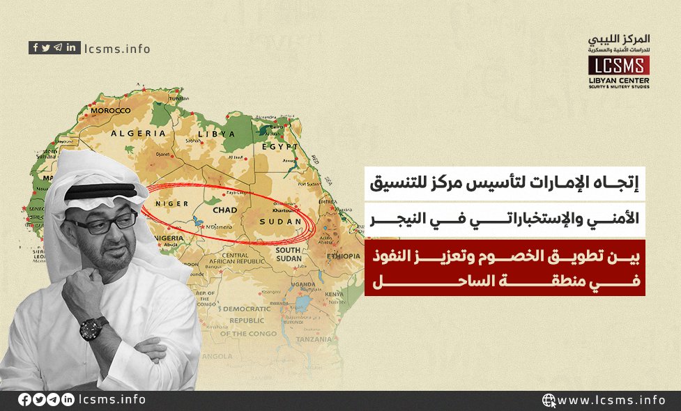 المركز الليبي للدراسات الأمنية والعسكرية (@lcsms_info) on Twitter photo برزت الإمارات في السنوات الماضية كأحد أهم الفواعل الإقليميين المنخرطين في بناء مواقع أمنية وعسكرية، بشكل سري أو معلن، لتعزيز أهدافها العسكرية والأمنية والاقتصادية في أفريقيا. وبذلك، باتت تمتلك الإمارات قواعد عسكرية في الصومال وأرتريا، بالإضافة لليمن القريبة جيوسياسيا من أفريقيا. برزت الإمارات في السنوات الماضية كأحد أهم الفواعل الإقليميين المنخرطين في بناء مواقع أمنية وعسكرية، بشكل سري أو معلن، لتعزيز أهدافها العسكرية والأمنية والاقتصادية في أفريقيا. وبذلك، باتت تمتلك الإمارات قواعد عسكرية في الصومال وأرتريا، بالإضافة لليمن القريبة جيوسياسيا من أفريقيا.