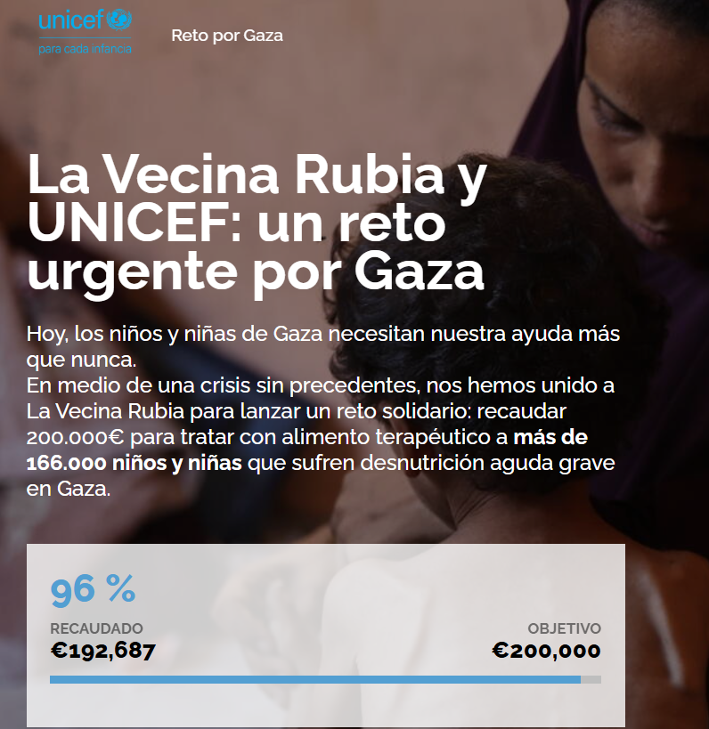 .<a href="/lavecinarubia/">La Vecina Rubia</a> y su comunidad se vuelcan con la infancia en #Gaza.
Han conseguido recaudar más de 190.000 euros en menos de 48 horas
¡Puedes unirte también si quieres apoyar a los niños y niñas! Aquí: unicef.es/noticia/la-vec…