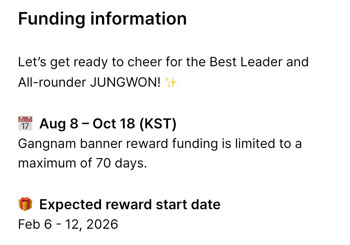 [Kooky - Support Funding] OPEN

ENGENEs the second Birthday Ad Support Funding on KOOKY for Jungwon is now up! ⭐️

🎯 Goal : 900,000 credits
🗓️ End : 10.18.2025, 00:00 KST
🗳️ kookyfunding.page.link/ZZsf

#LetJUNGWONLead #ENHYPEN_JUNGWON #JUNGWON #정원 #엔하이픈_정원