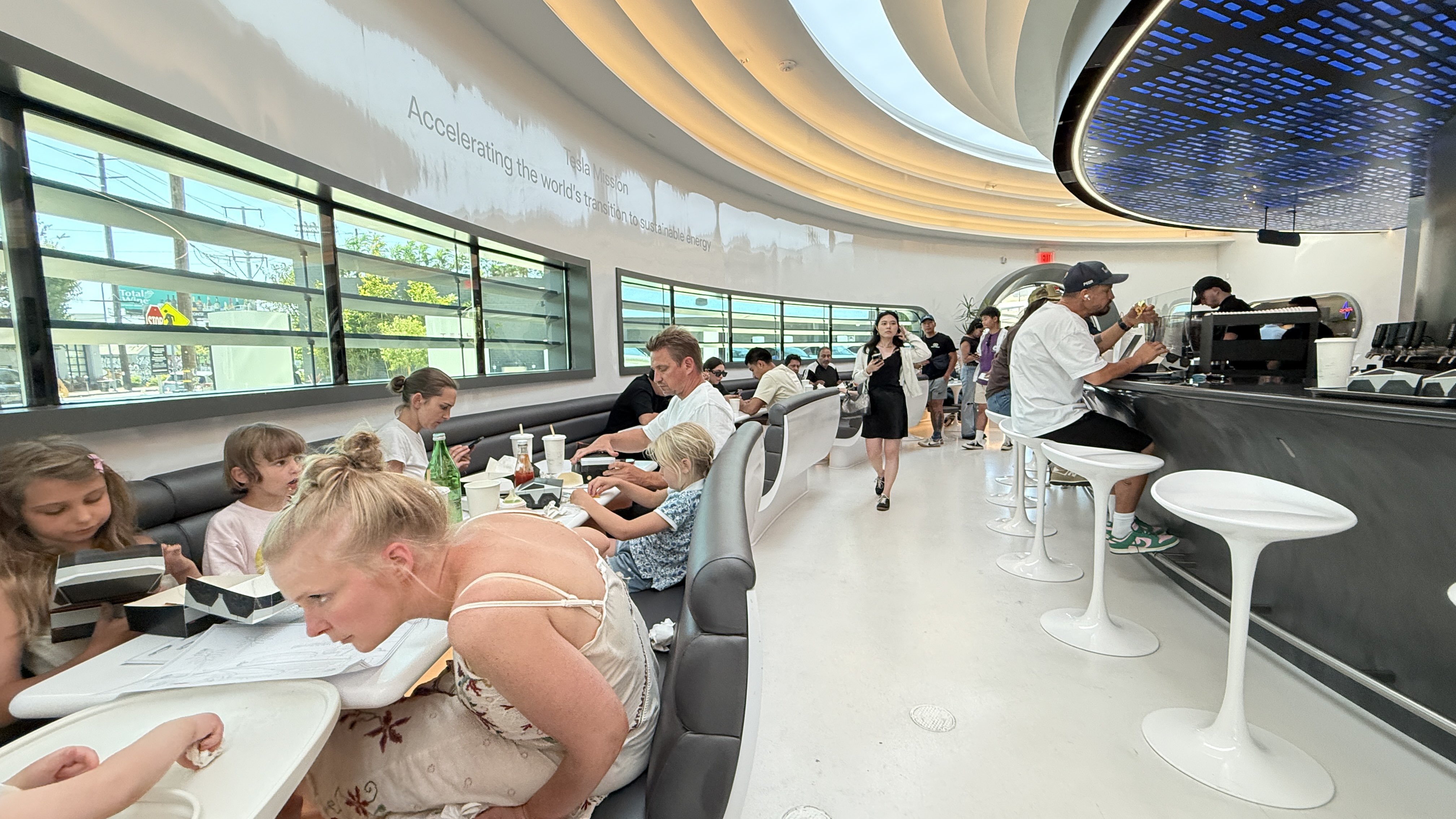 The interior design of the Tesla Diner and sitting arrangeements.