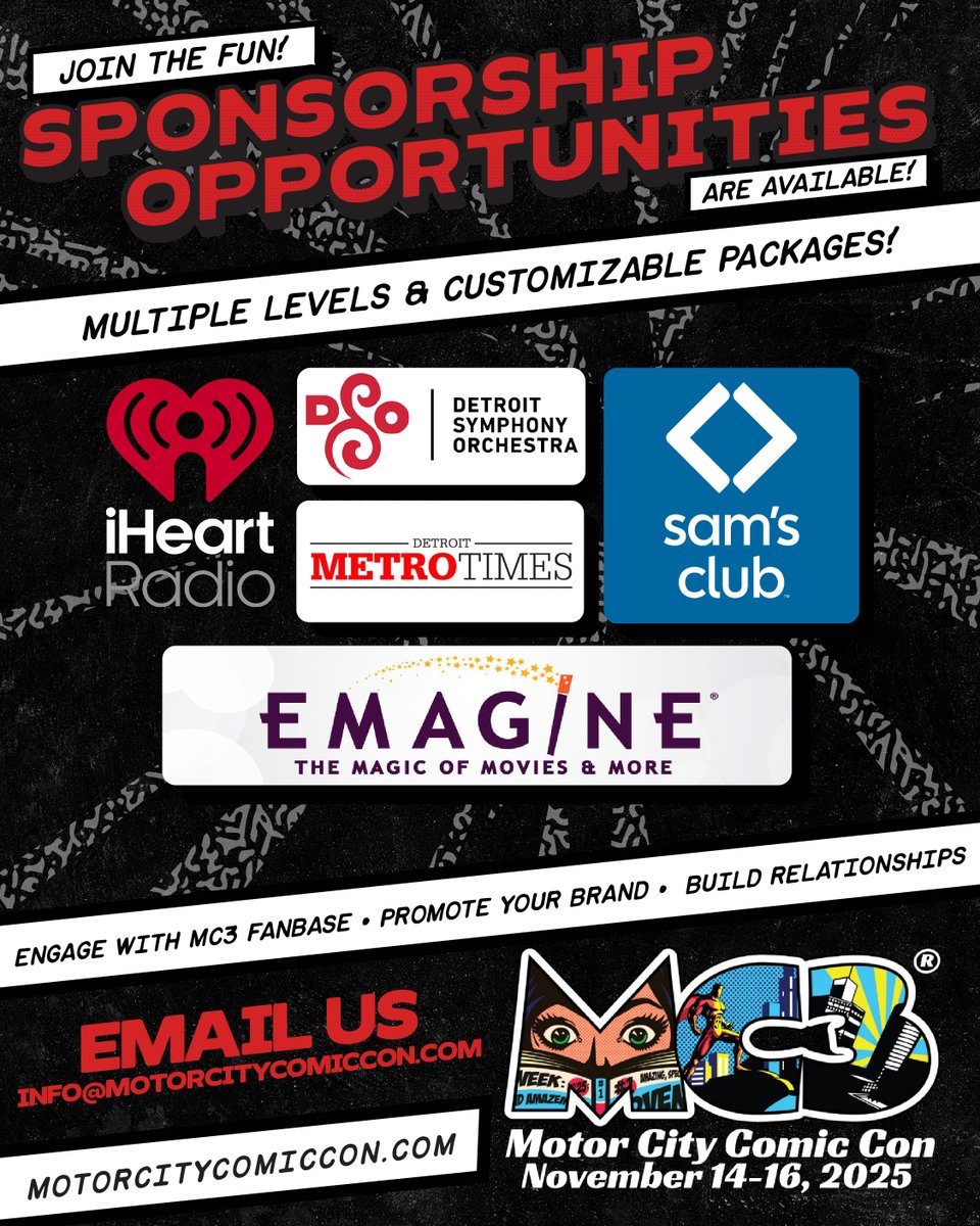 Motor City Comic Con (@motcitycomiccon) on Twitter photo 💥Unleash your brand at #MotorCityComicCon! Become a sponsor and connect with thousands of fans and gain brand visibility. Contact our sponsorship team at info@motorcitycomiccon.com to learn about the multiple levels and customizable packages we have available! 💥Unleash your brand at #MotorCityComicCon! Become a sponsor and connect with thousands of fans and gain brand visibility. Contact our sponsorship team at info@motorcitycomiccon.com to learn about the multiple levels and customizable packages we have available!