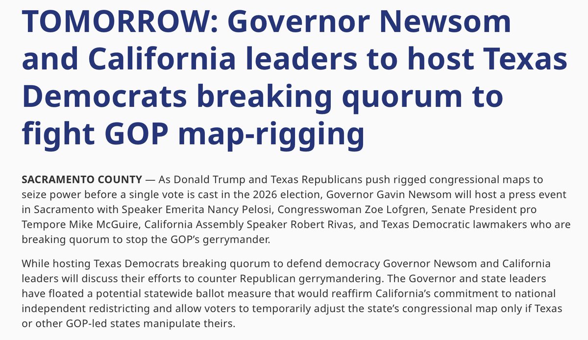 NEW: Texas House Democrats who broke quorum will be in California on Friday. Texas Democrats will meet with Gov. <a href="/GavinNewsom/">Gavin Newsom</a> <a href="/SpeakerPelosi/">Nancy Pelosi</a> and other CA leaders to discuss their efforts to counter the Texas Republican redistricting plan.