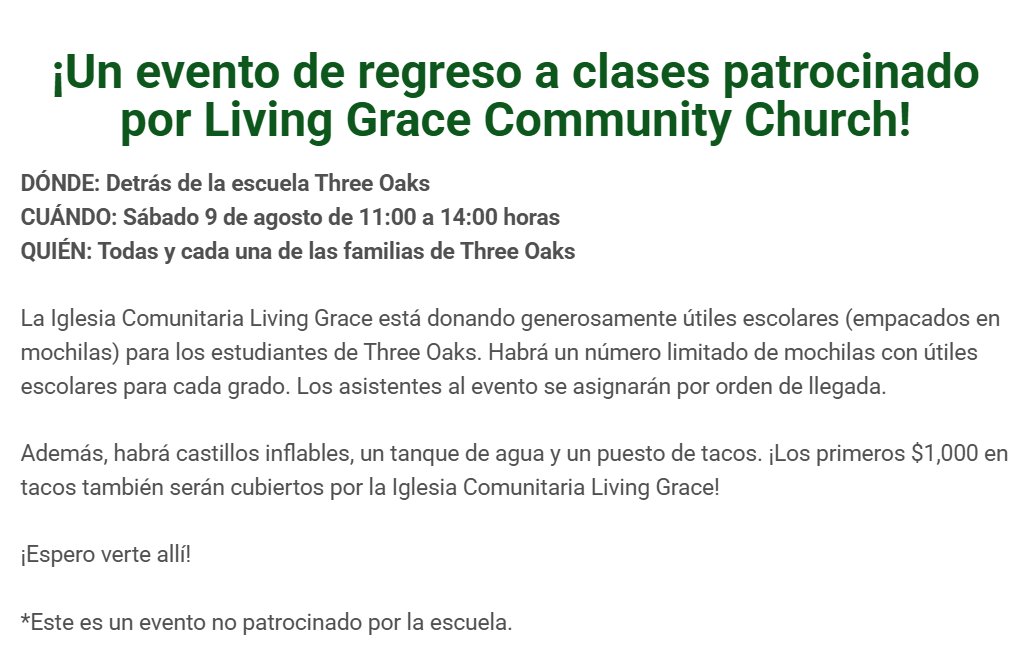 ¡Guarden la fecha y acompáñenos para disfrutar de diversión, útiles escolares y tacos!

Save the date and join us for fun, school supplies, and tacos!