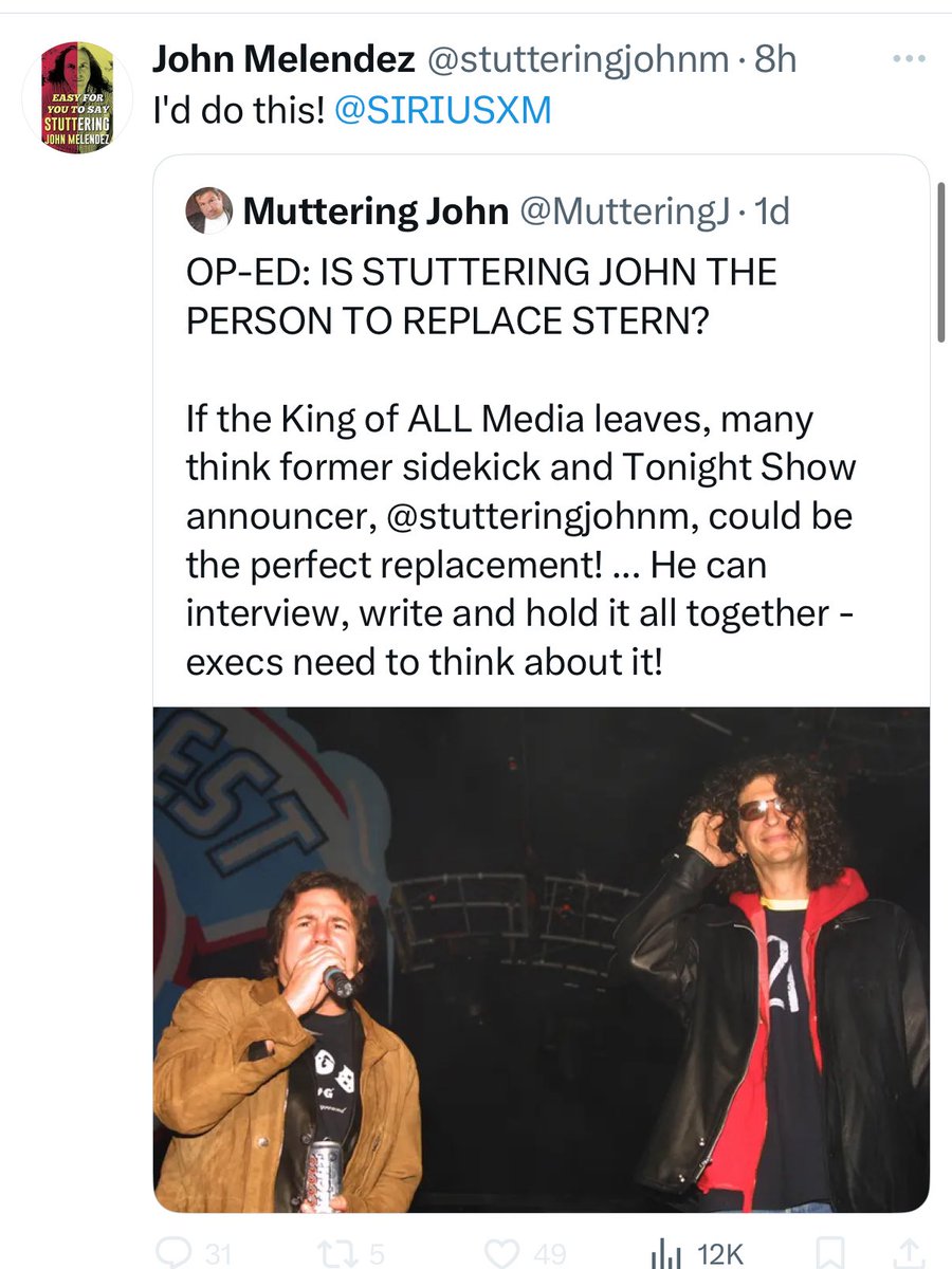 Cardiff Electric (@cardiffelect) on Twitter photo Hey <a href="/SIRIUSXM/">SiriusXM</a> if you hire <a href="/stutteringjohnm/">John Melendez</a> to replace <a href="/HowardStern/">Howard Stern</a> I would most definitely SUBSCRIBE!!! That’s a Fact Jacques! Hey <a href="/SIRIUSXM/">SiriusXM</a> if you hire <a href="/stutteringjohnm/">John Melendez</a> to replace <a href="/HowardStern/">Howard Stern</a> I would most definitely SUBSCRIBE!!! That’s a Fact Jacques!