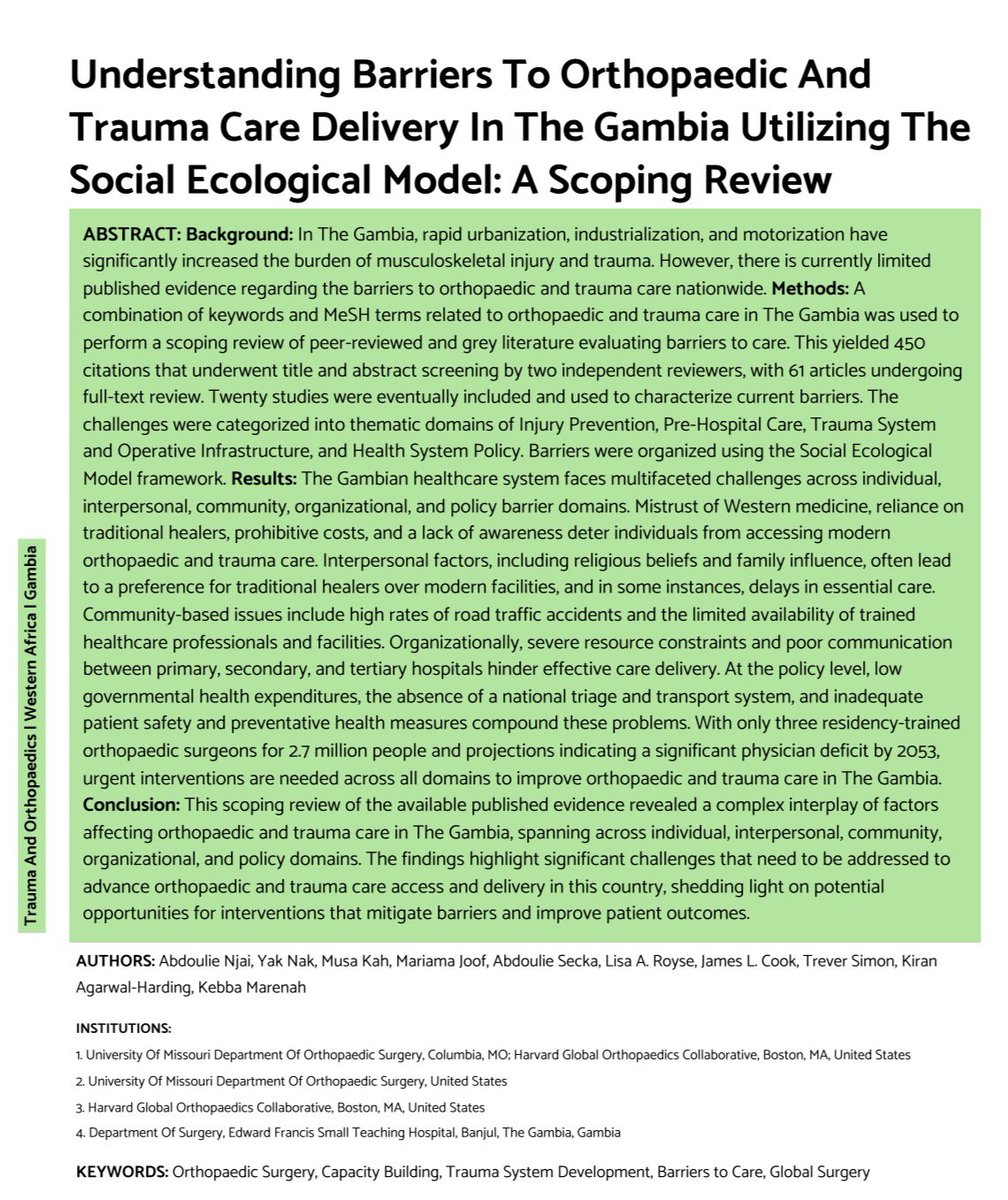 Abdoulie Njai, MD, MPH (@doulienjai) on Twitter photo Excited to share our work in <a href="/jogs_one/">The Journal Of Global Surgery (ONE)</a> highlighting current barriers to orthopaedic and trauma care in The Gambia. Looking forward to continued collaboration with <a href="/DrKebsun/">Kebba Marenah</a> <a href="/AbdoulieSSecka/">Abdoulie.</a> <a href="/OrthoGlobal/">Harvard Global Orthopaedics Collaborative</a> <a href="/SONAGlobalOrg/">SONA Global</a> <a href="/MizzouOrtho/">University of Missouri Orthopaedics</a>
doi.org/10.52648/JoGS.… Excited to share our work in <a href="/jogs_one/">The Journal Of Global Surgery (ONE)</a> highlighting current barriers to orthopaedic and trauma care in The Gambia. Looking forward to continued collaboration with <a href="/DrKebsun/">Kebba Marenah</a> <a href="/AbdoulieSSecka/">Abdoulie.</a> <a href="/OrthoGlobal/">Harvard Global Orthopaedics Collaborative</a> <a href="/SONAGlobalOrg/">SONA Global</a> <a href="/MizzouOrtho/">University of Missouri Orthopaedics</a>
doi.org/10.52648/JoGS.…