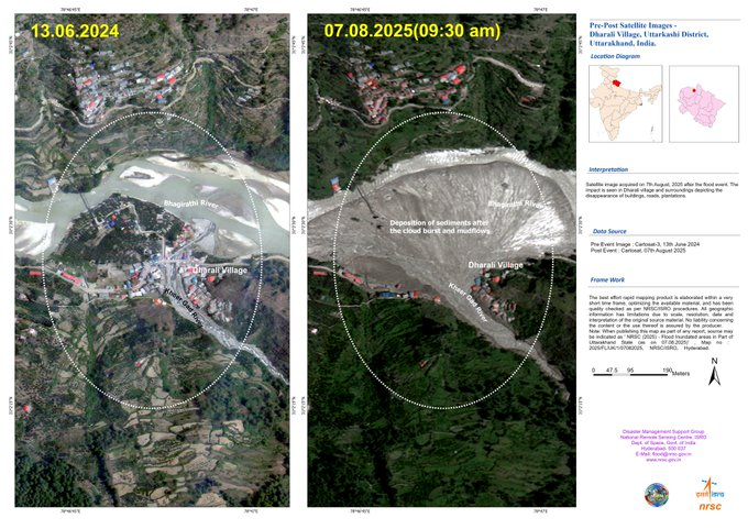 airnewsalerts's tweet photo. ISRO/NRSC carried out a rapid assessment of the damage in #Dharali and #Harsil, Uttarakhand, after the devastating flash flood. #ISRO/NRSC used Cartosat-2S data to assess the devastating #Aug5 flash flood in Dharali and Harsil.
▪️High-resolution imagery reveals submerged buildings, debris spread (~20ha), & altered river paths, vital for rescue teams on the ground.