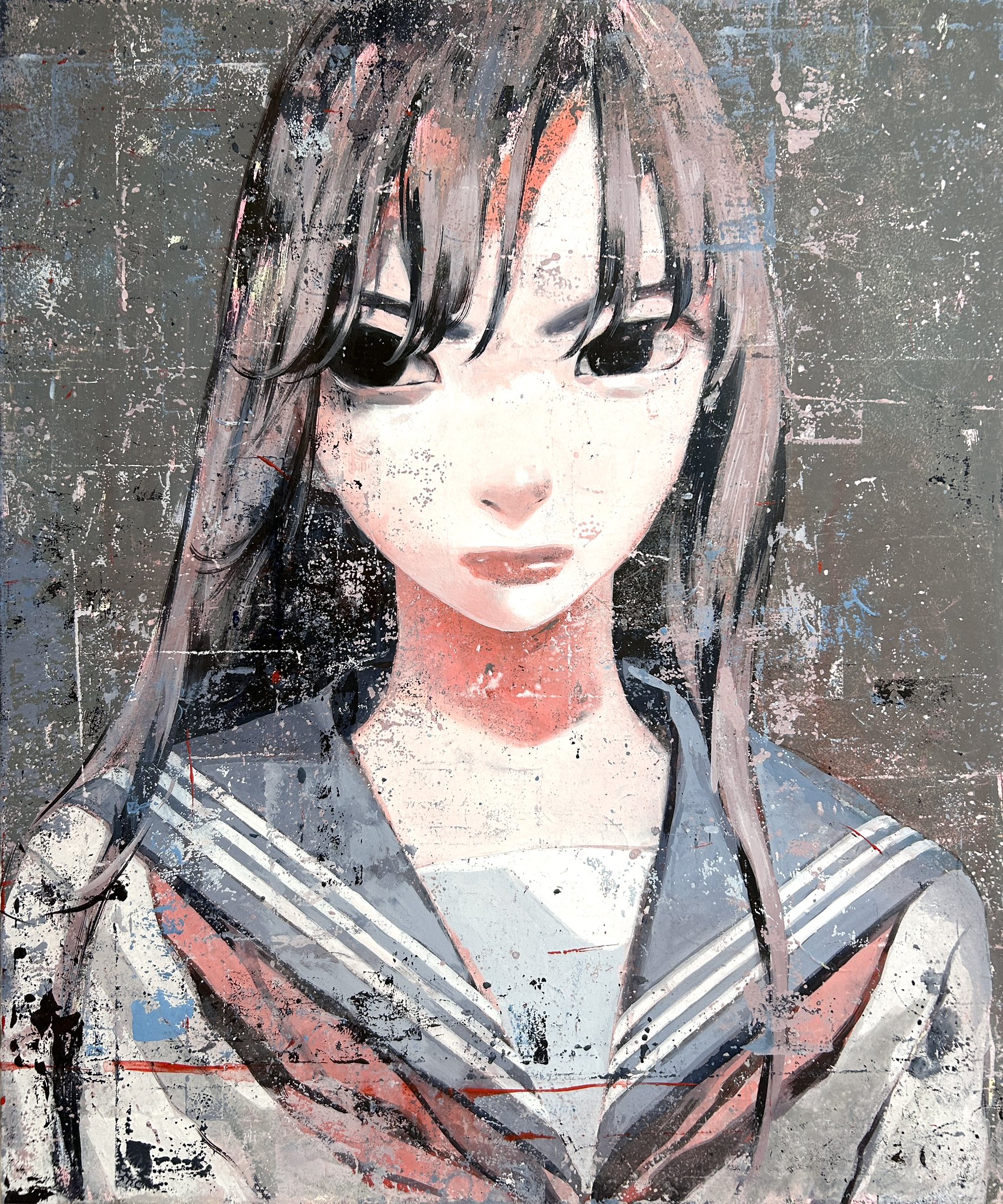 大槻香奈　「茜」　セーラー服の人物画 アクリル・ガッシュ 大槻香奈 「茜」 セーラー服の人物画 アクリル・ガッシュ 絵画