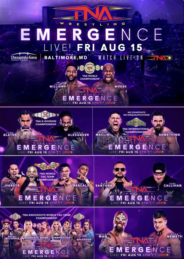 Ayo__Productions (@frequencyayo) on Twitter photo BALTIMORE, MD!
#TNAEmergence LIVE on TNA Plus is coming to the Chesapeake Employers Insurance Arena on Friday, August 15 <a href="/ThisIsTNA/">TNA Wrestling</a> #ravensflock #TNAiMPACT
Tickets are on sale NOW 🎟️ Ticketmaster.com
<a href="/CedricAlexander/">PRYME Alexander</a> <a href="/DramaKingMatt/">Matthew Rehwoldt</a> <a href="/TomHannifan/">Tom Hannifan</a> <a href="/carlossilva/">Carlos Silva</a> @wwenxt @wwe BALTIMORE, MD!
#TNAEmergence LIVE on TNA Plus is coming to the Chesapeake Employers Insurance Arena on Friday, August 15 <a href="/ThisIsTNA/">TNA Wrestling</a> #ravensflock #TNAiMPACT
Tickets are on sale NOW 🎟️ Ticketmaster.com
<a href="/CedricAlexander/">PRYME Alexander</a> <a href="/DramaKingMatt/">Matthew Rehwoldt</a> <a href="/TomHannifan/">Tom Hannifan</a> <a href="/carlossilva/">Carlos Silva</a> @wwenxt @wwe